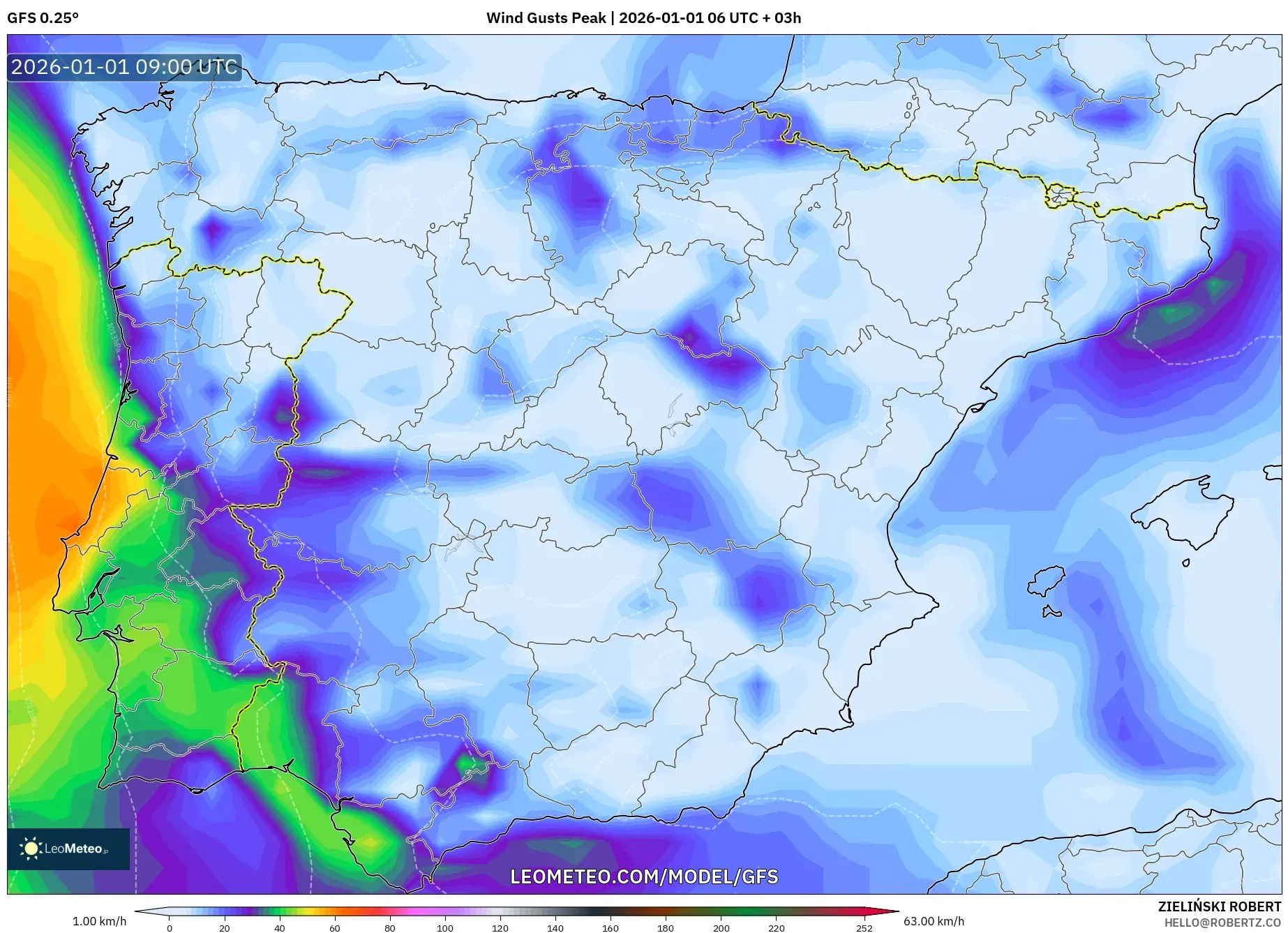 GFS model - Spain, Wind Gusts Peak