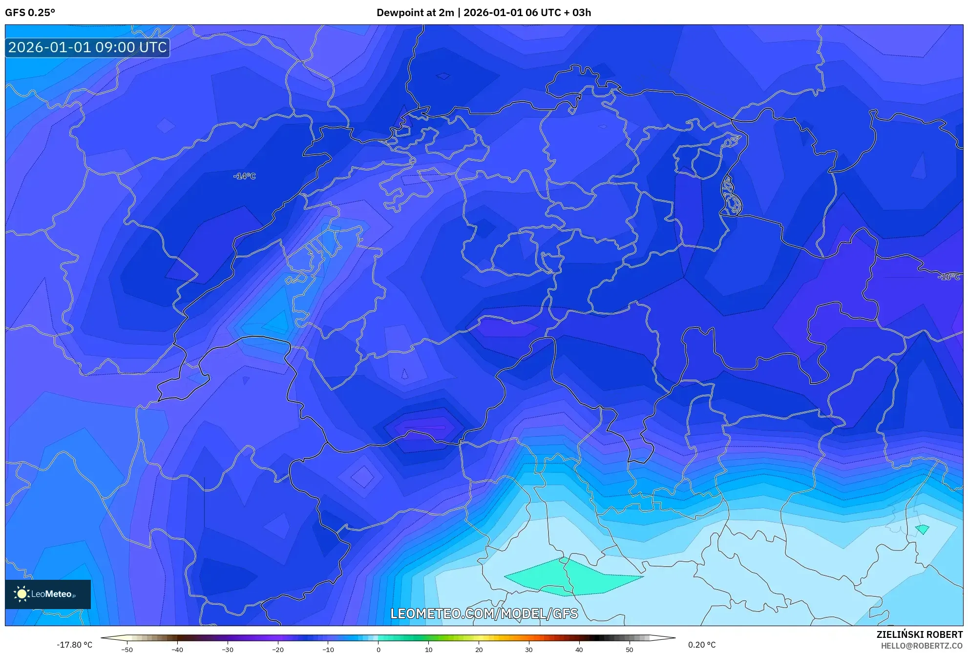 GFS model - Switzerland, Dewpoint at 2m