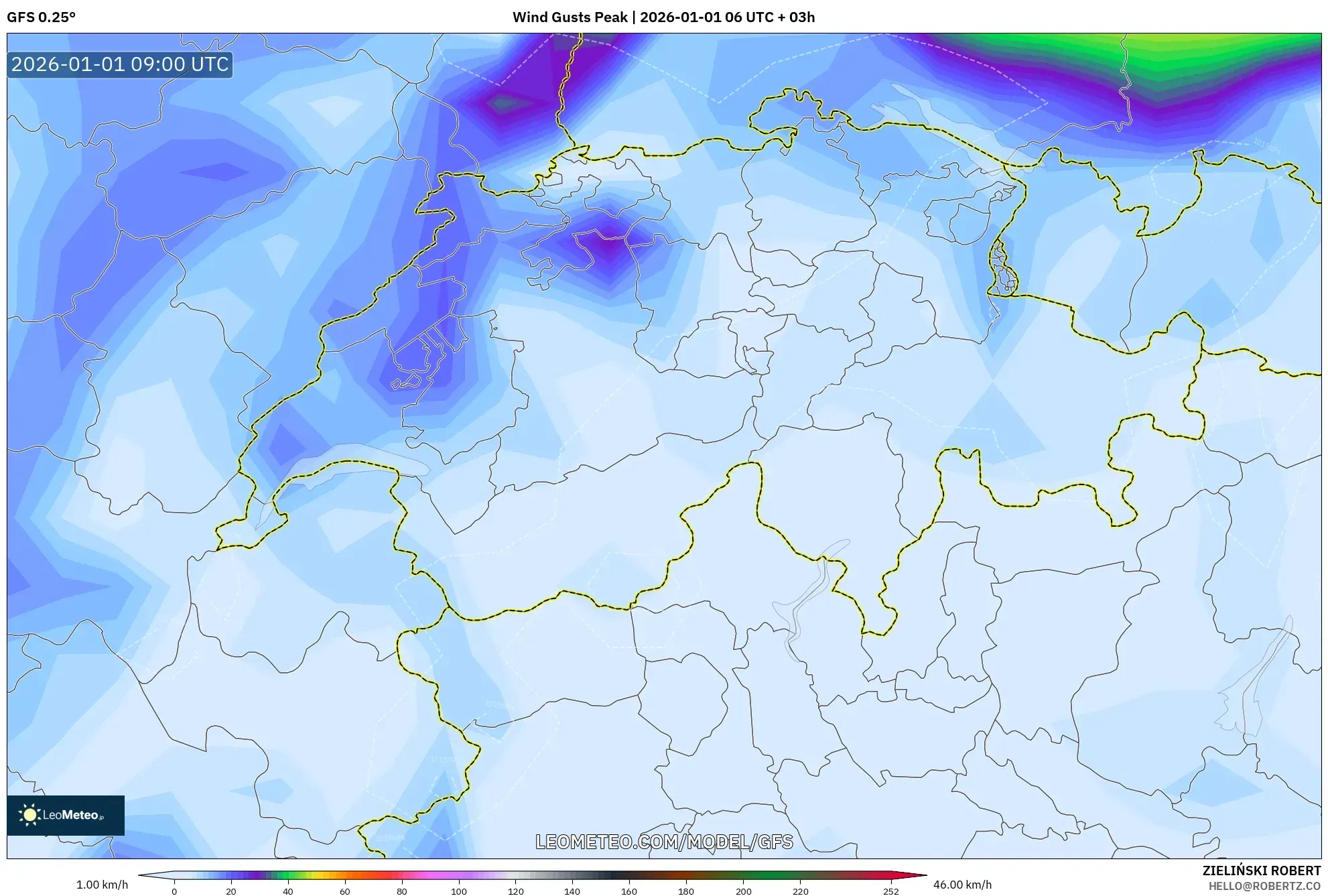 GFS model - Switzerland, Wind Gusts Peak