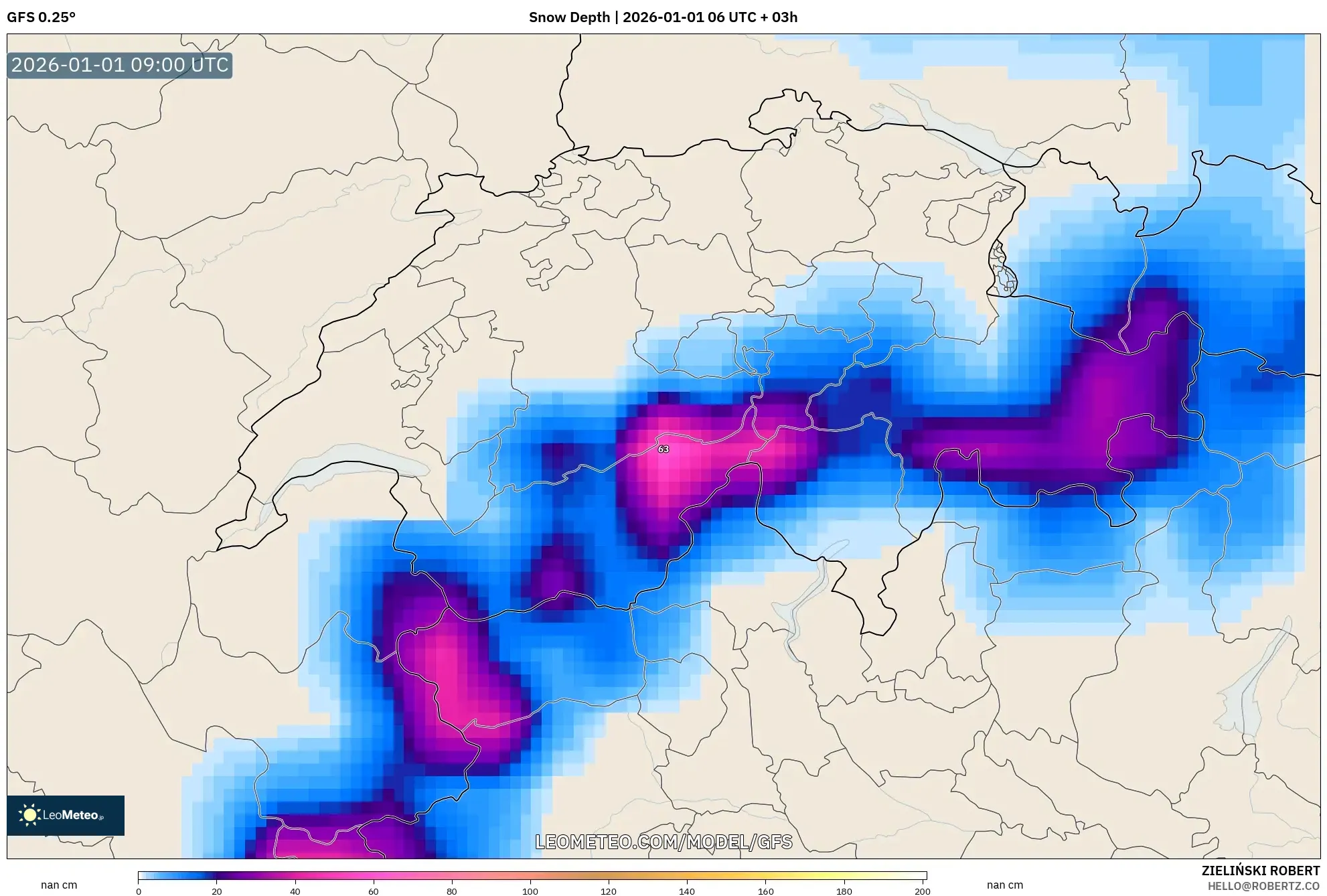 GFS model - Switzerland, Snow Depth