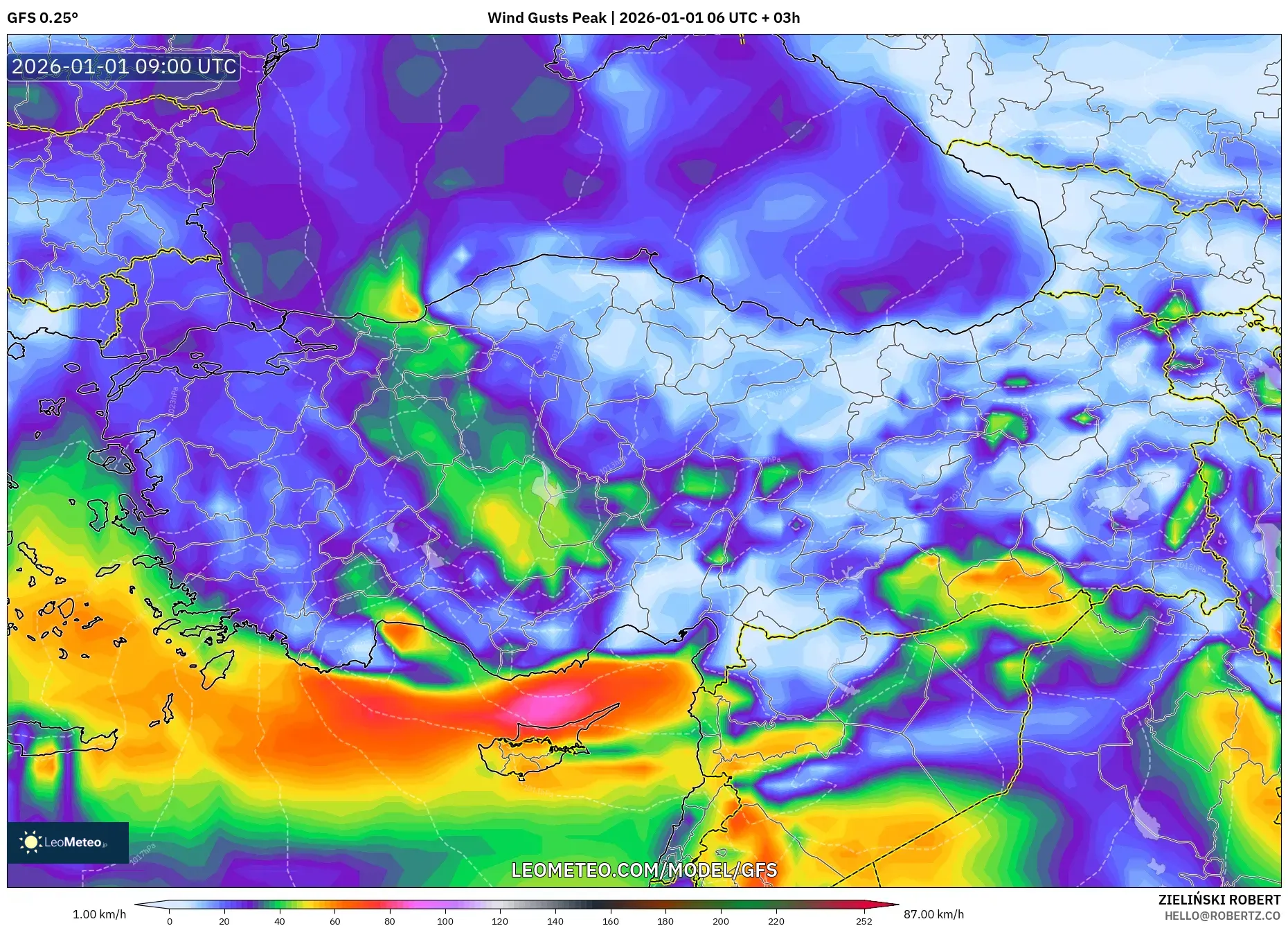 GFS model - Turkey, Wind Gusts Peak