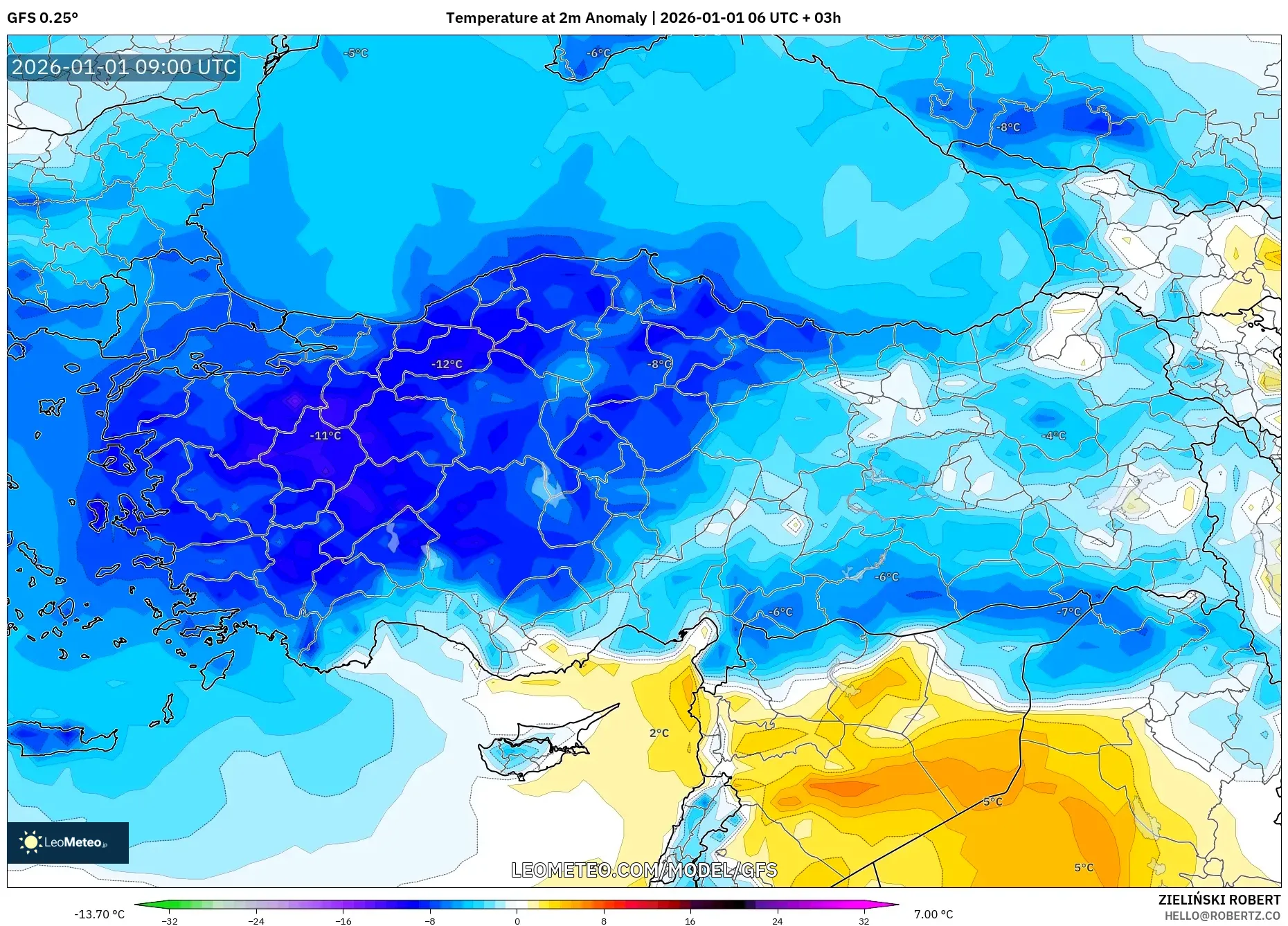 GFS model - Turkey, Temperature at 2m Anomaly