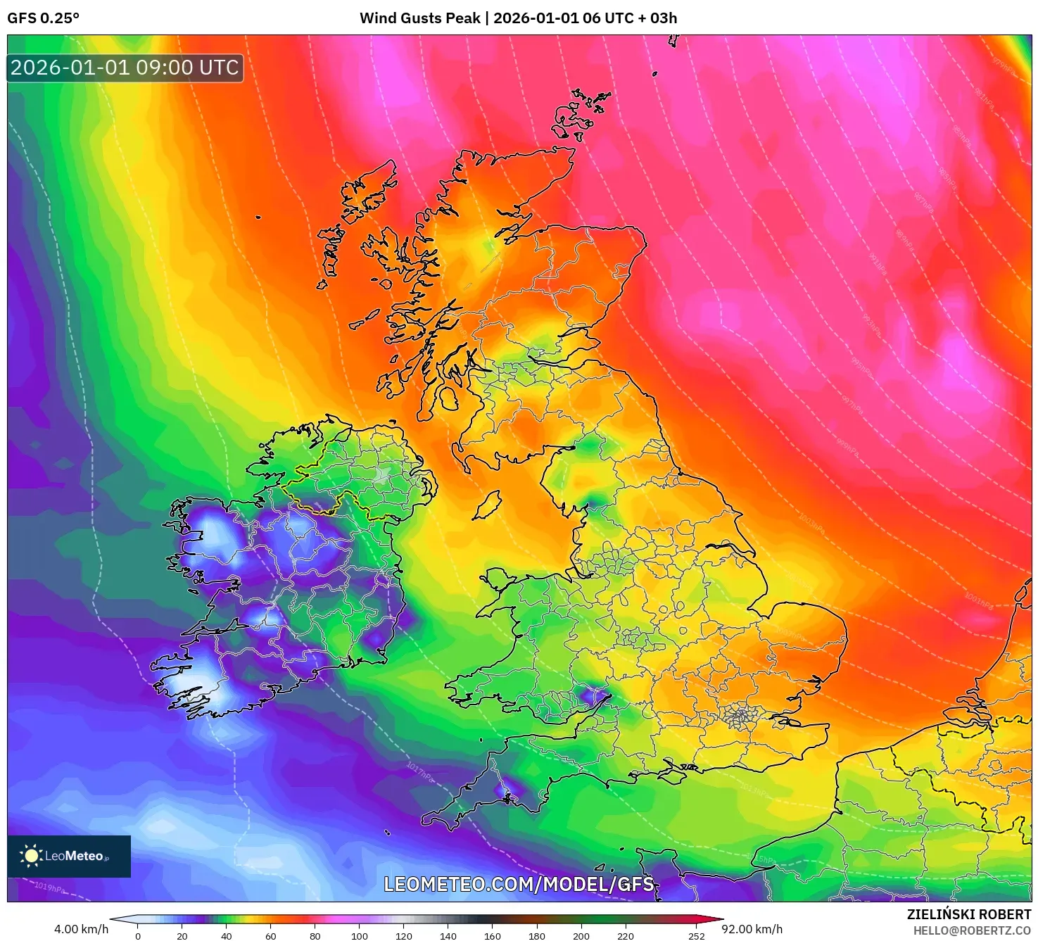 GFS model - United Kingdom, Wind Gusts Peak
