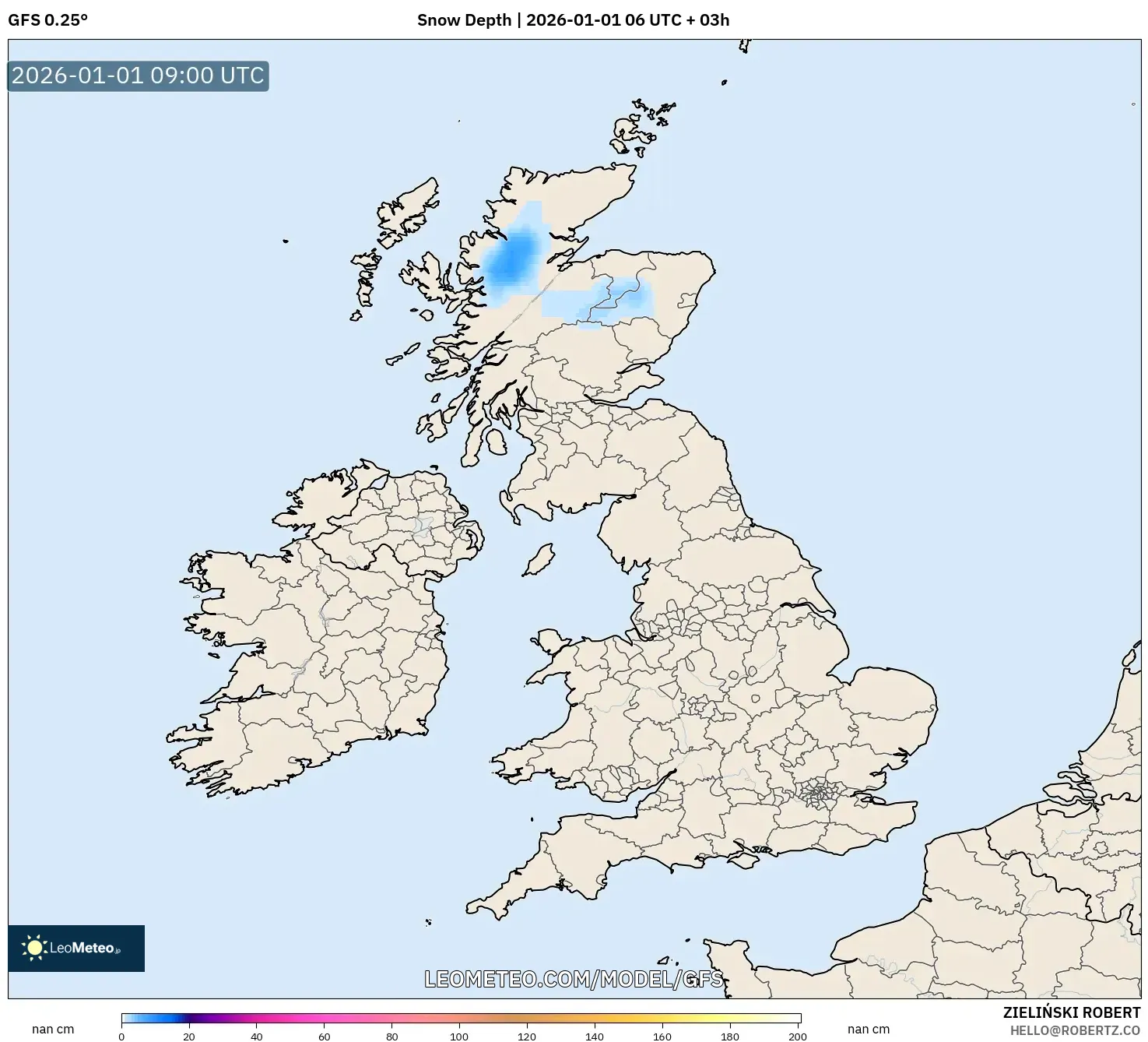GFS model - United Kingdom, Snow Depth