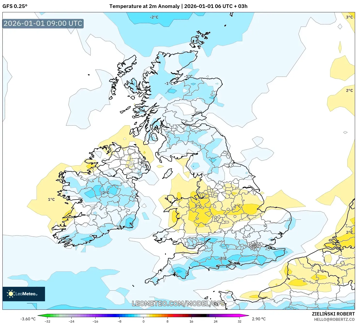 GFS model - United Kingdom, Temperature at 2m Anomaly