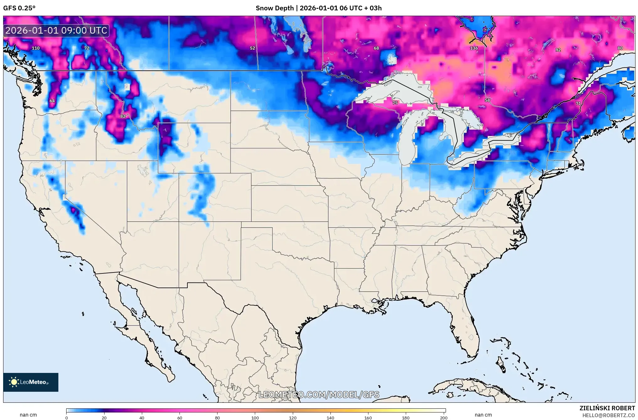 GFS model - United States, Snow Depth