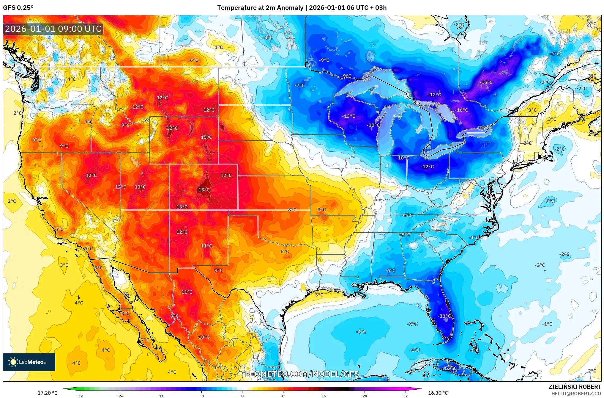 GFS model - United States, Temperature at 2m Anomaly