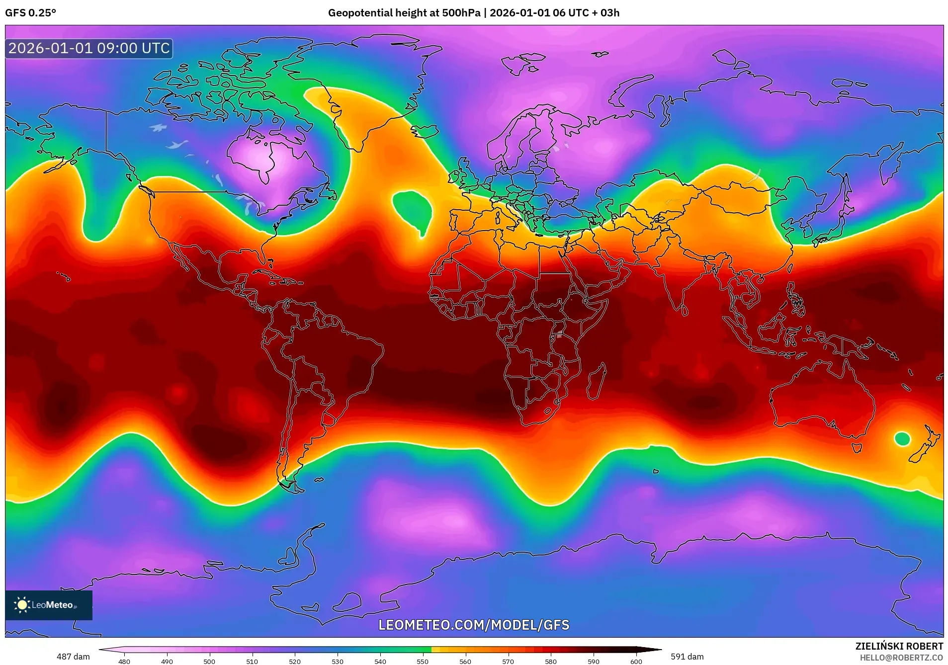 GFS model - World, Geopotential height at 500hPa