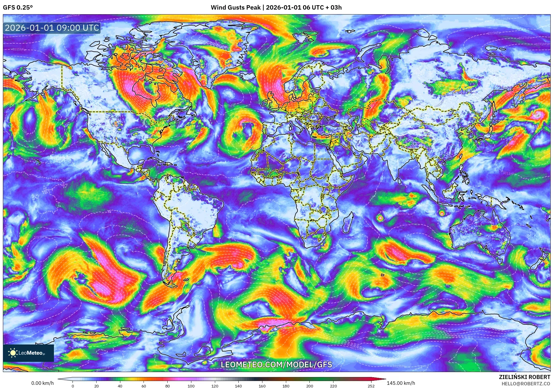 GFS model - World, Wind Gusts Peak