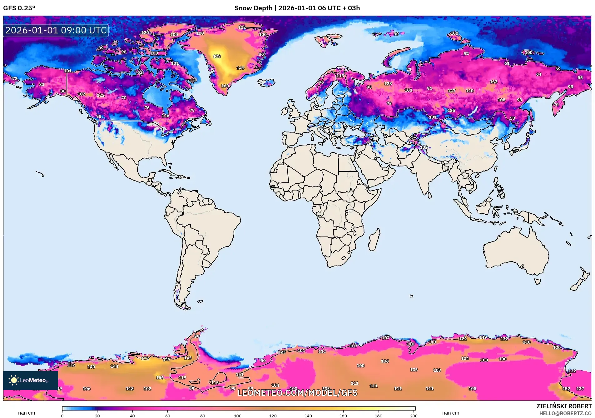 GFS model - World, Snow Depth
