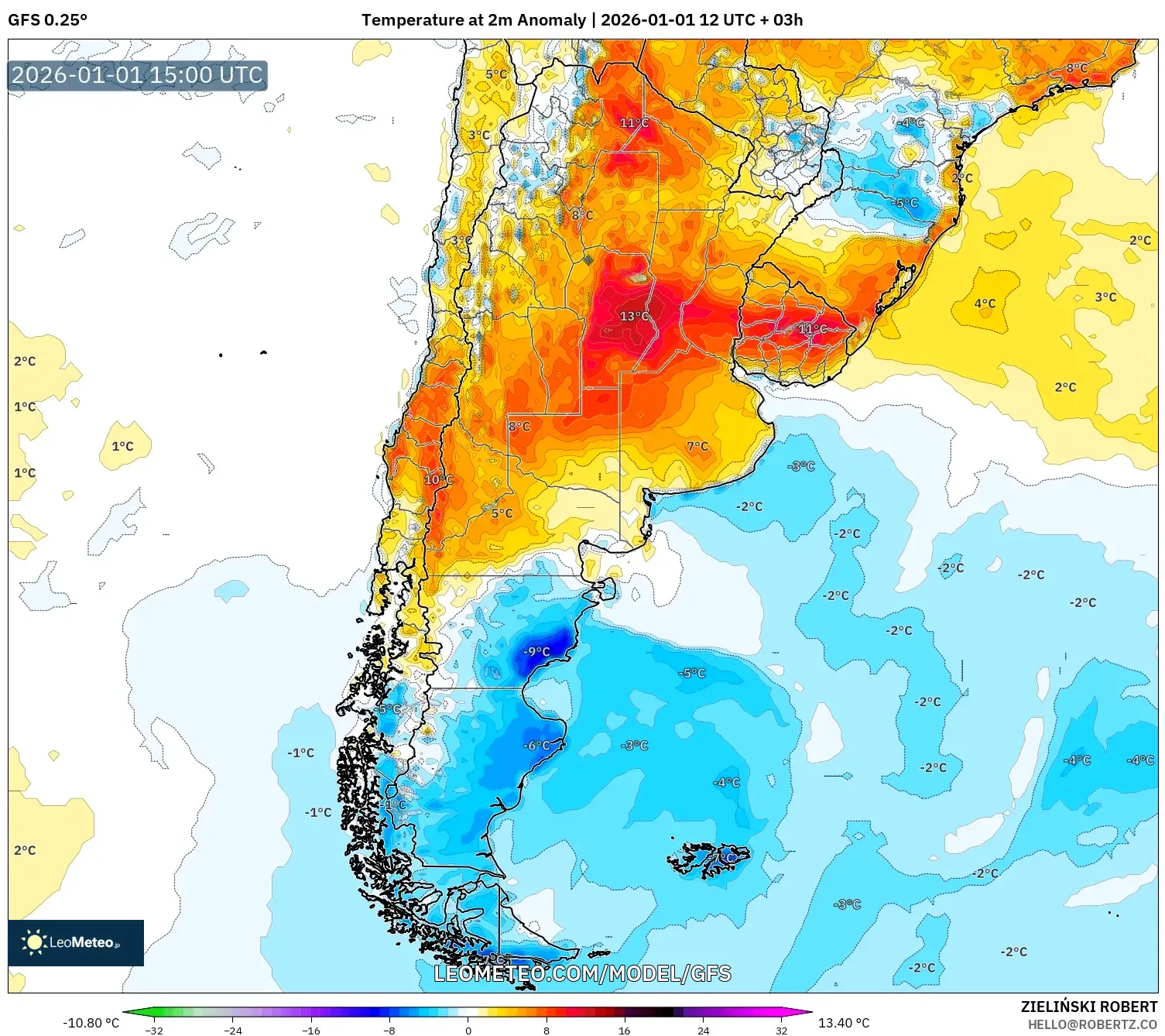 GFS model - Argentina, Temperature at 2m Anomaly