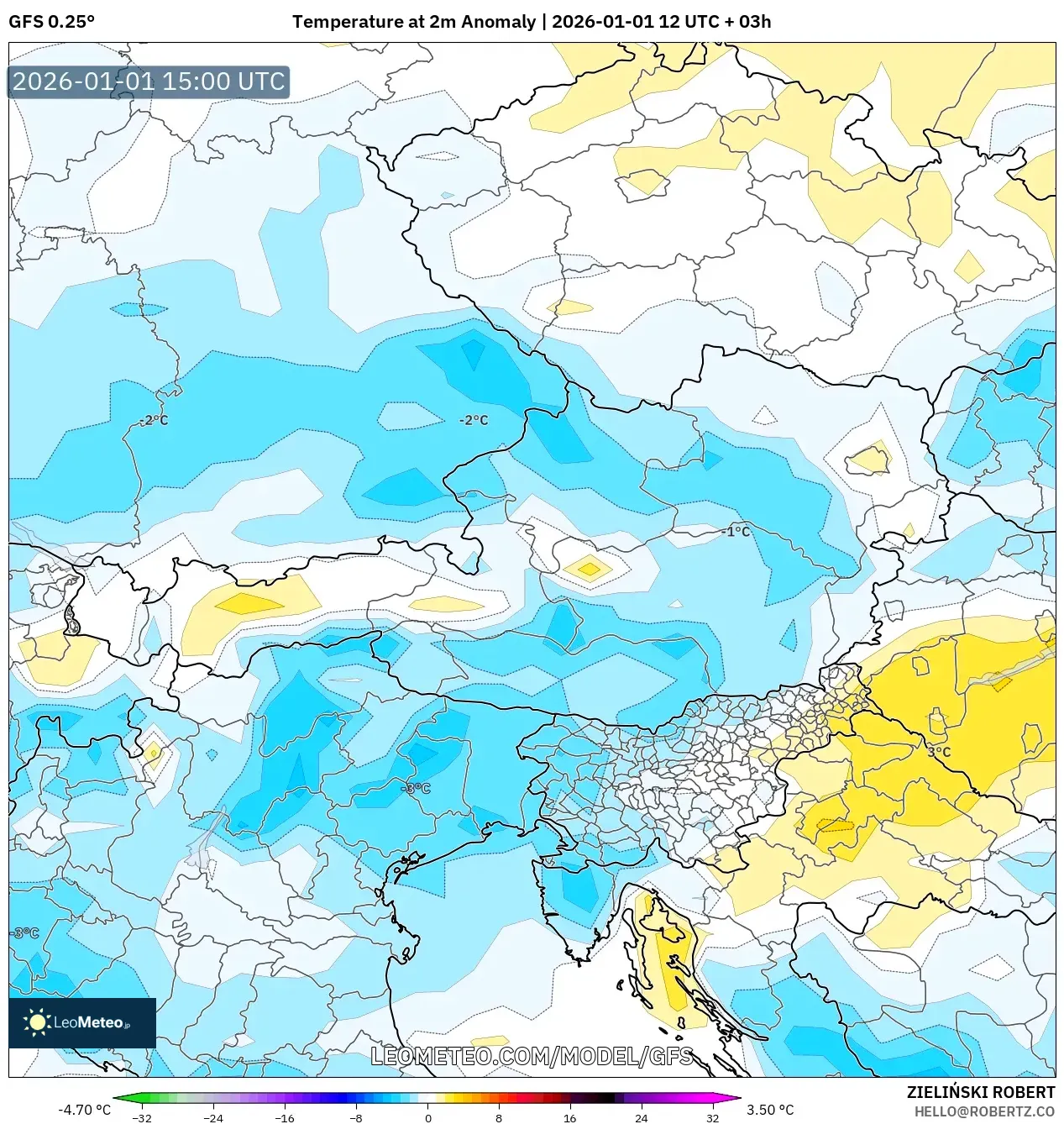 GFS model - Austria, Temperature at 2m Anomaly