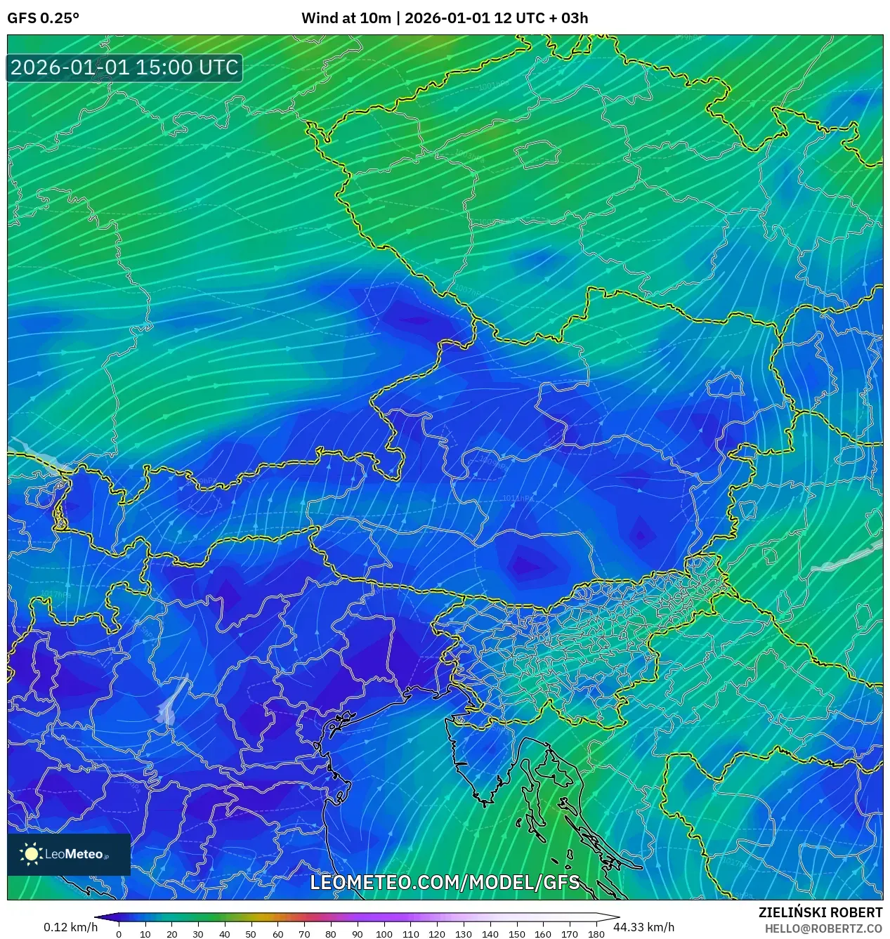 GFS model - Austria, Wind at 10m