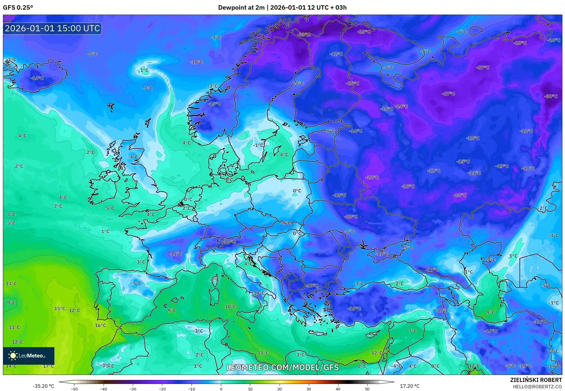 GFS model - Europe, Dewpoint at 2m
