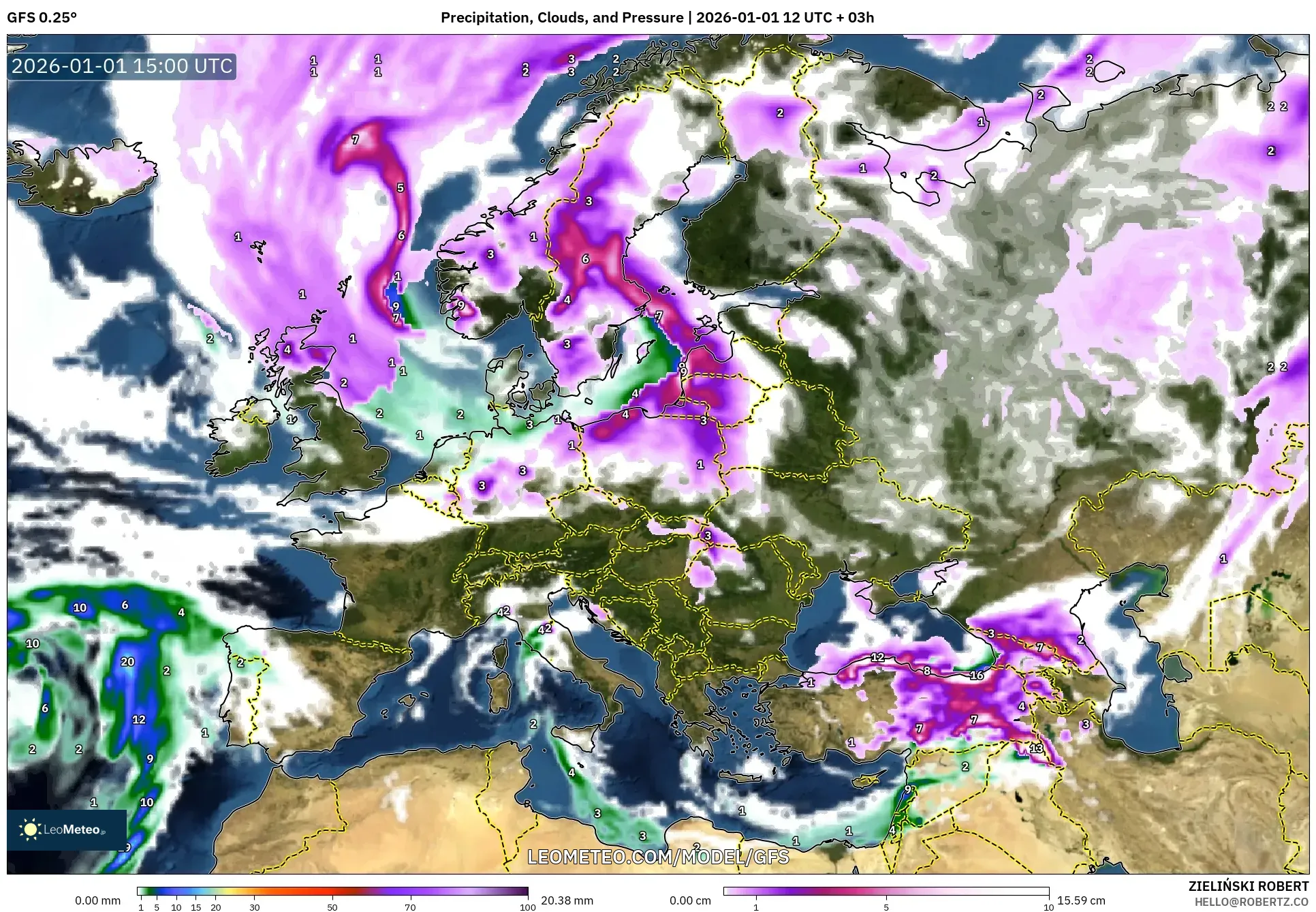 GFS model - Europe, Precipitation, Clouds, and Pressure