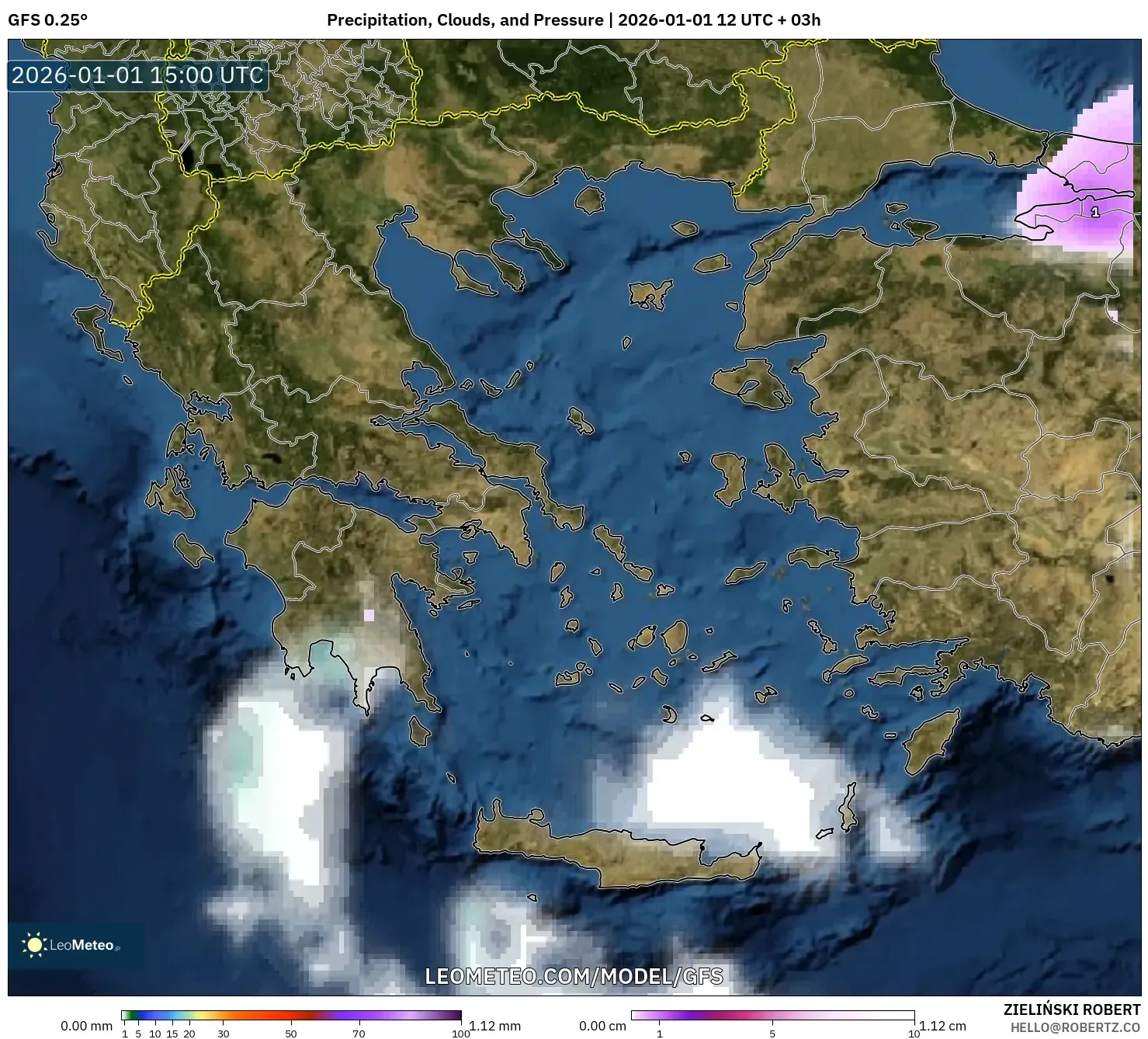 GFS model - Greece, Precipitation, Clouds, and Pressure