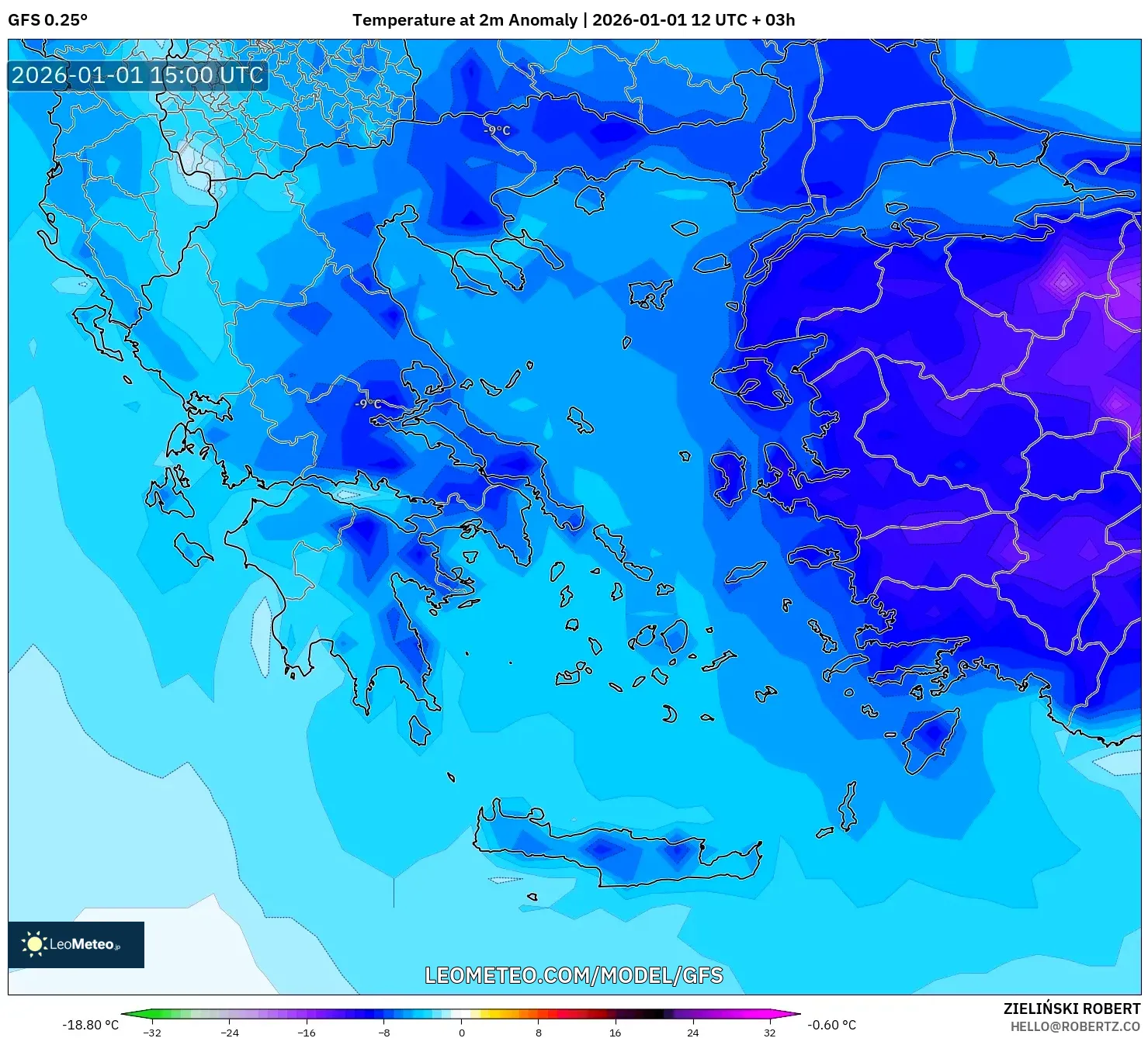 GFS model - Greece, Temperature at 2m Anomaly