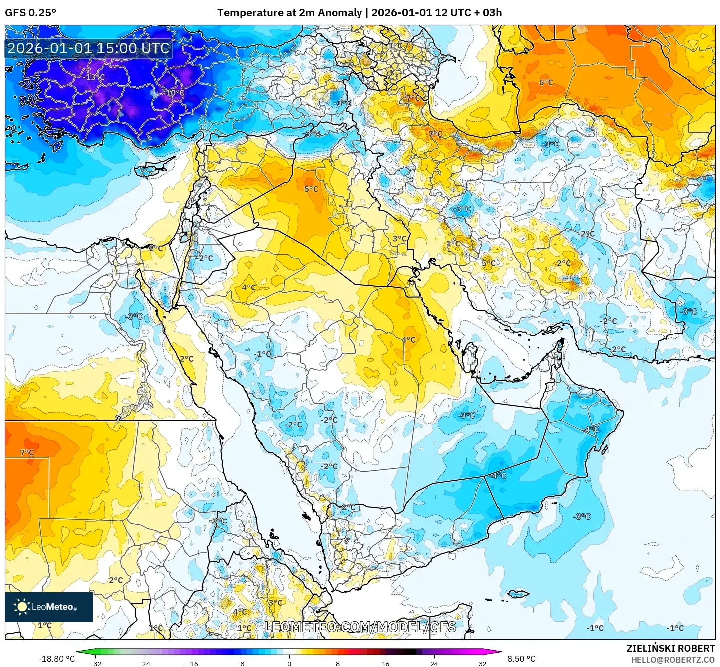 GFS model - Middle East, Temperature at 2m Anomaly