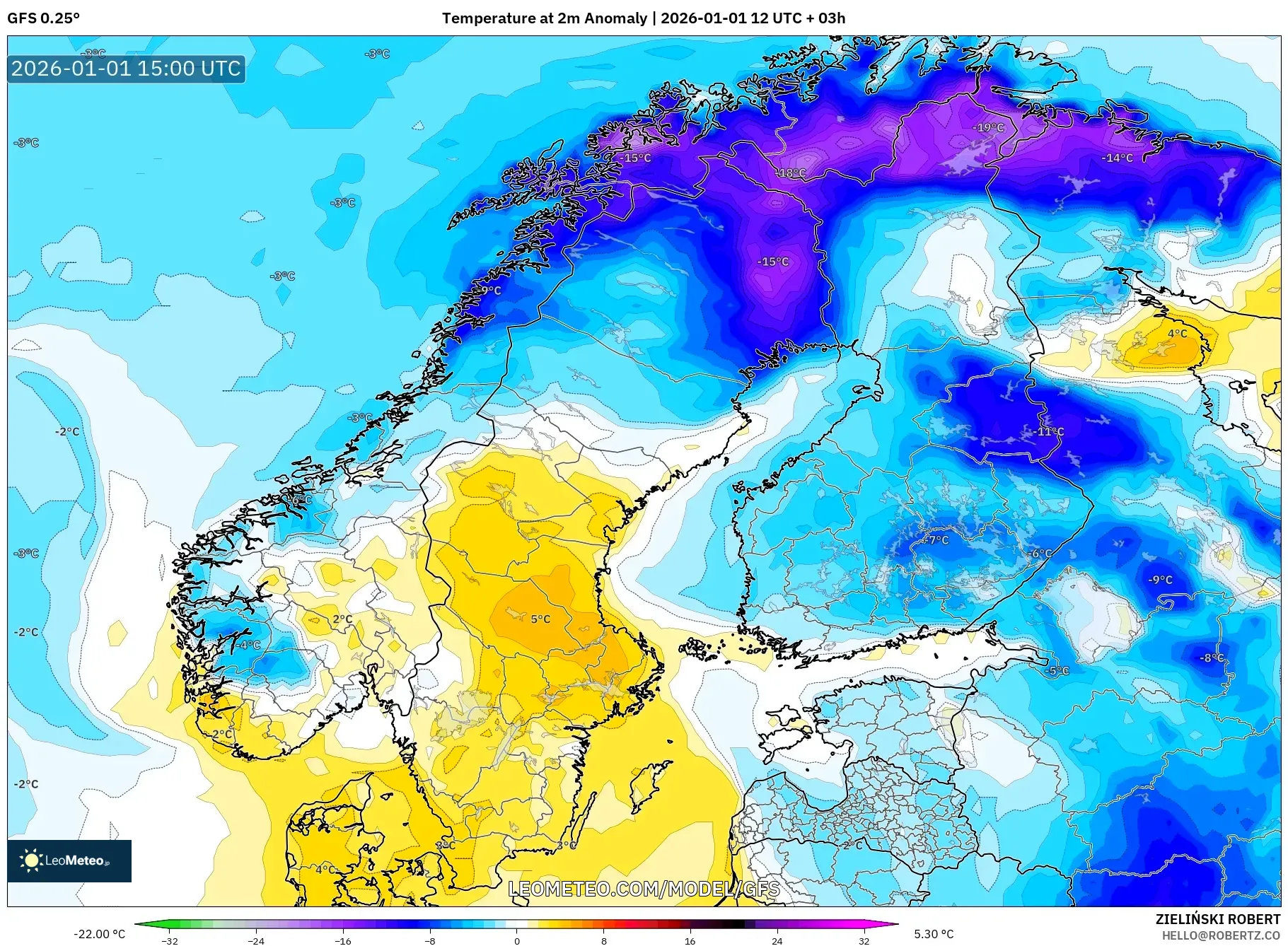 GFS model - Scandinavia, Temperature at 2m Anomaly