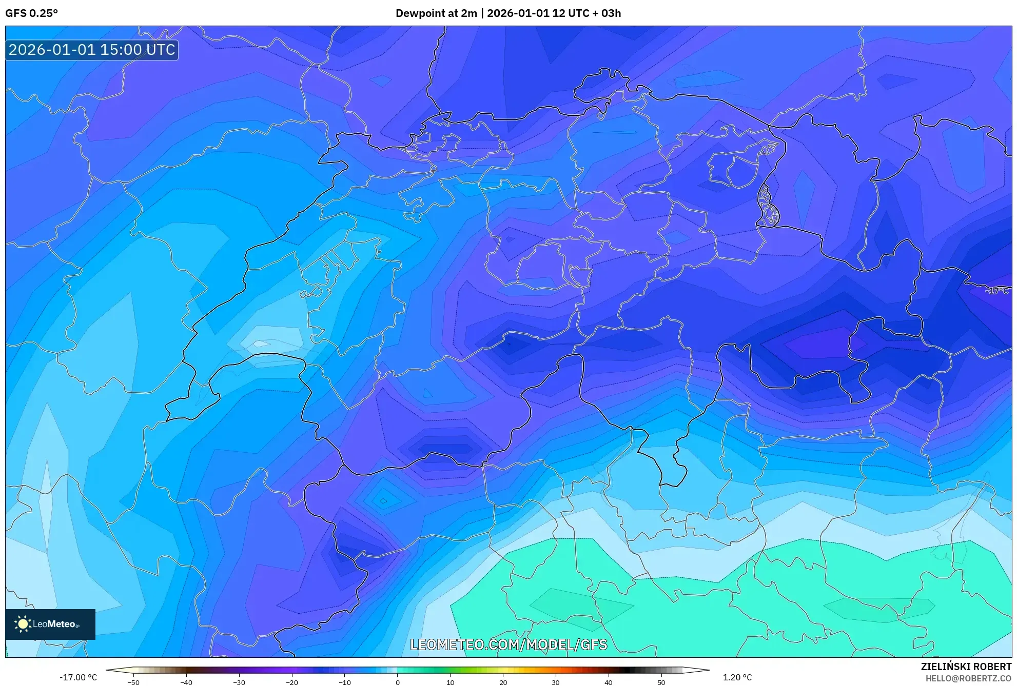 GFS model - Switzerland, Dewpoint at 2m