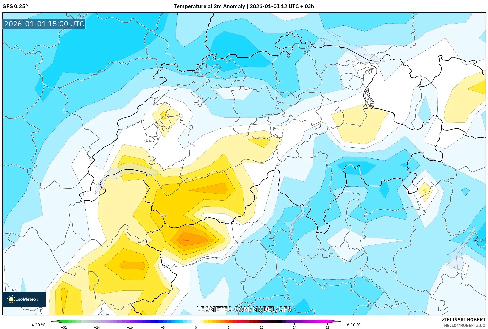 GFS model - Switzerland, Temperature at 2m Anomaly