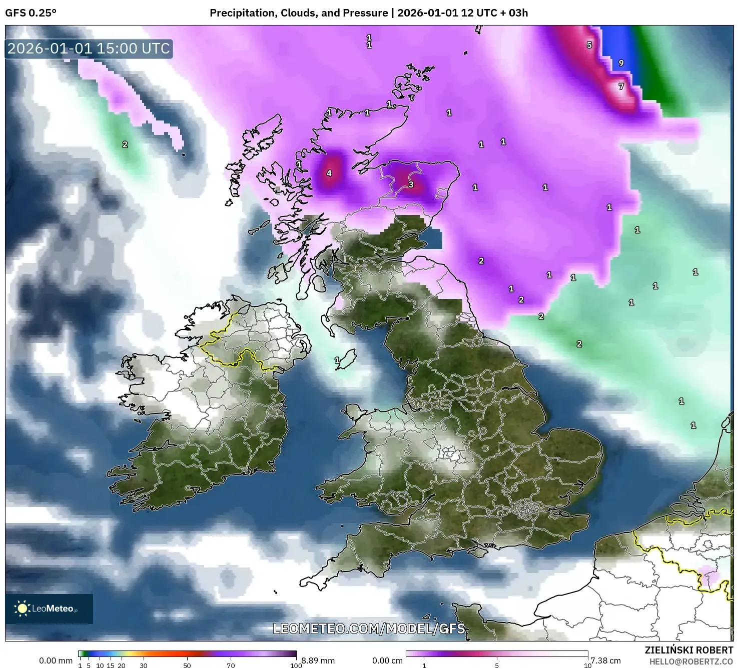 GFS model - United Kingdom, Precipitation, Clouds, and Pressure