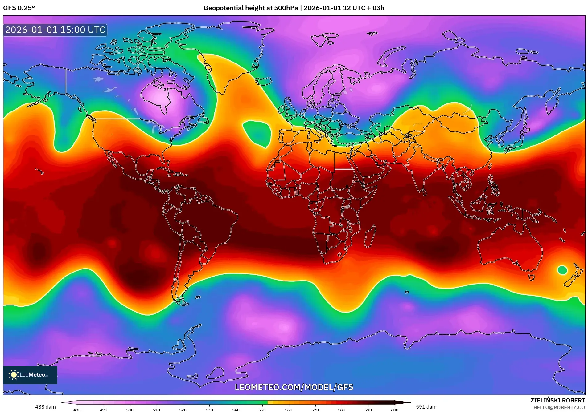 GFS model - World, Geopotential height at 500hPa