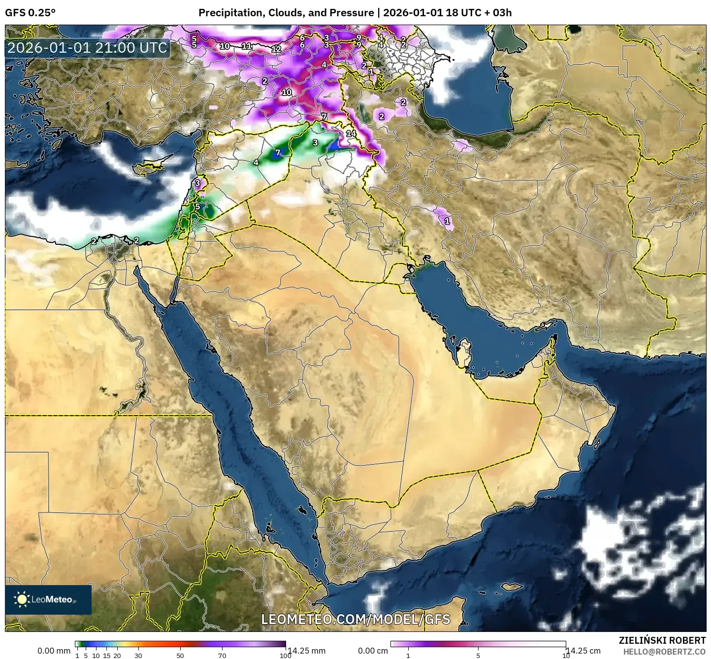 GFS model - Middle East, Precipitation, Clouds, and Pressure
