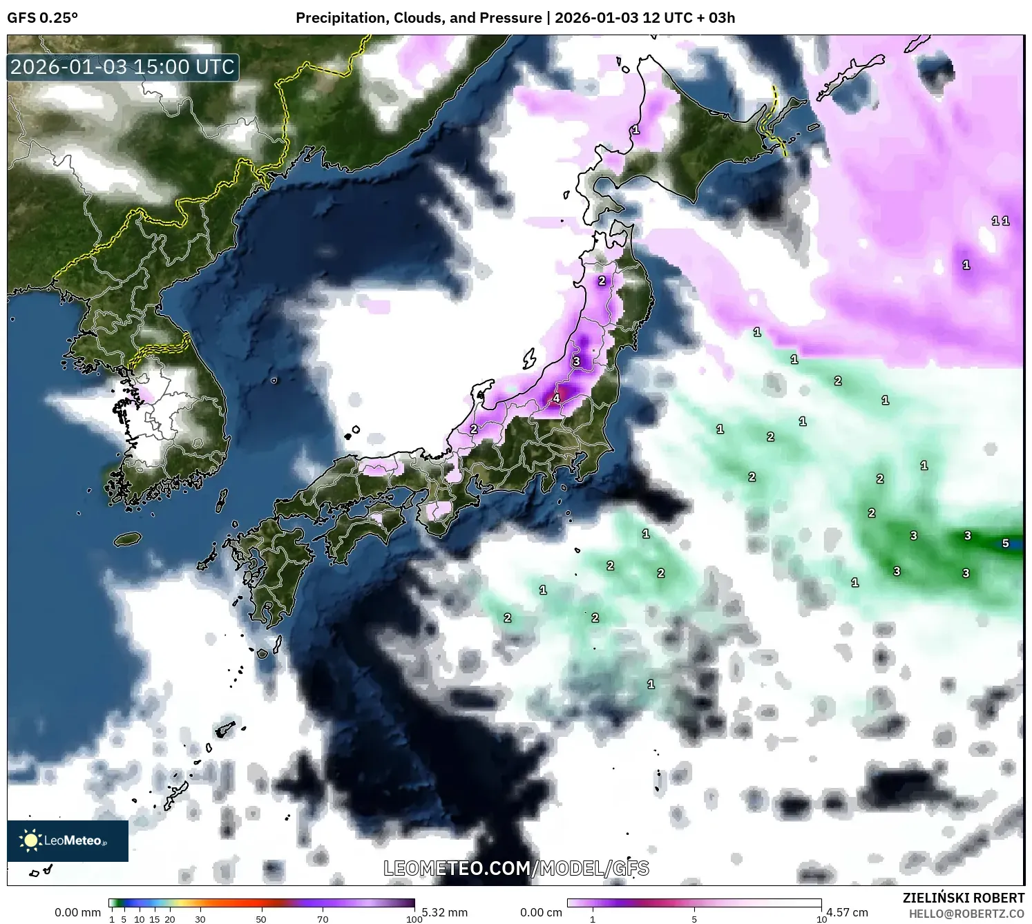 GFS model - Japan, Precipitation, Clouds, and Pressure