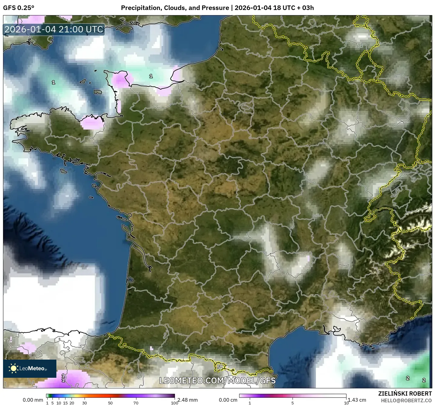 GFS model - France, Precipitation, Clouds, and Pressure
