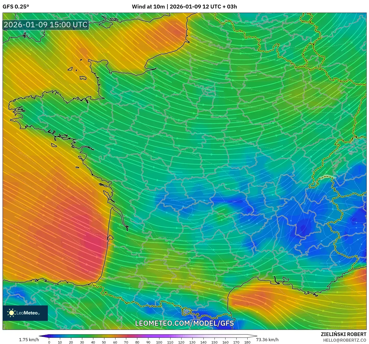 GFS model - France, Wind at 10m