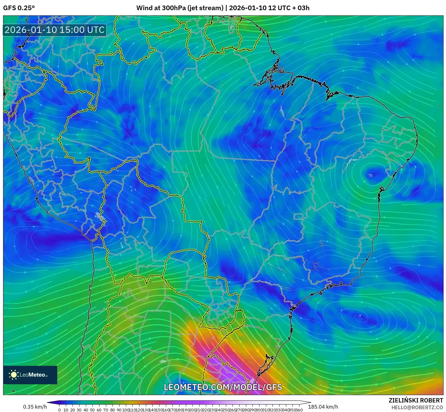 GFS model - Brazil, Wind at 300hPa (jet stream)