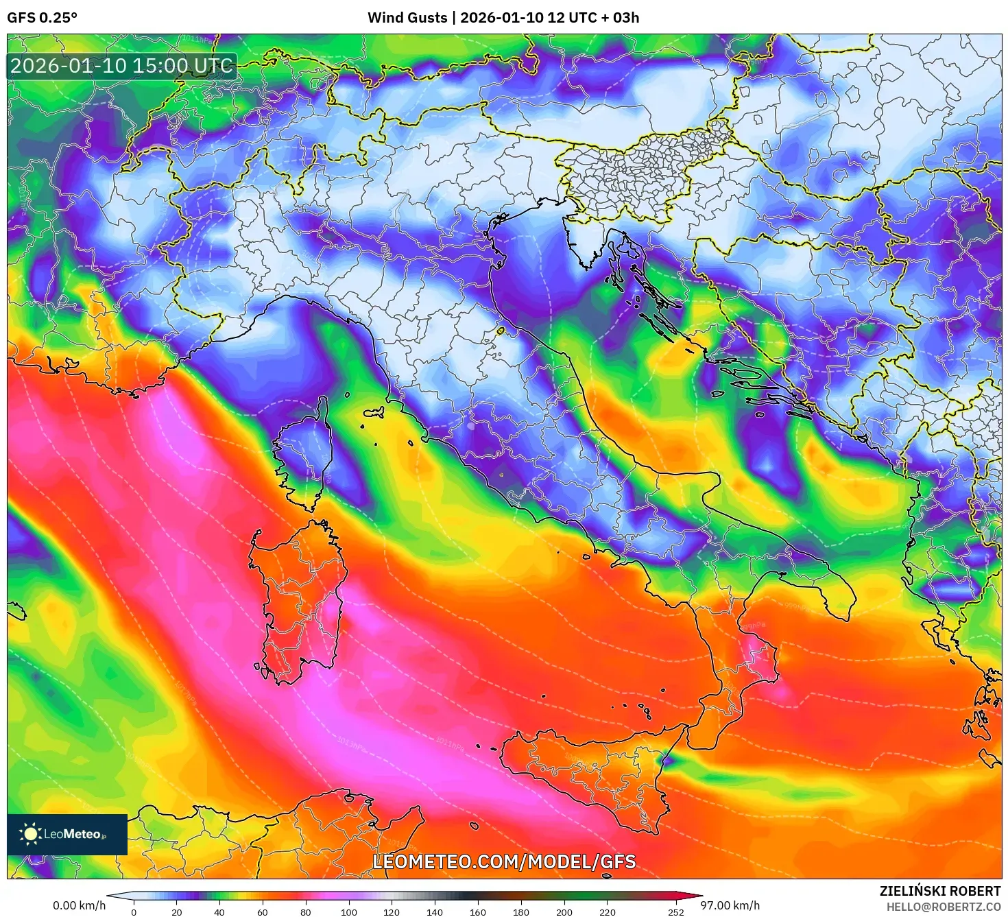 GFS model - Italy, Wind Gusts