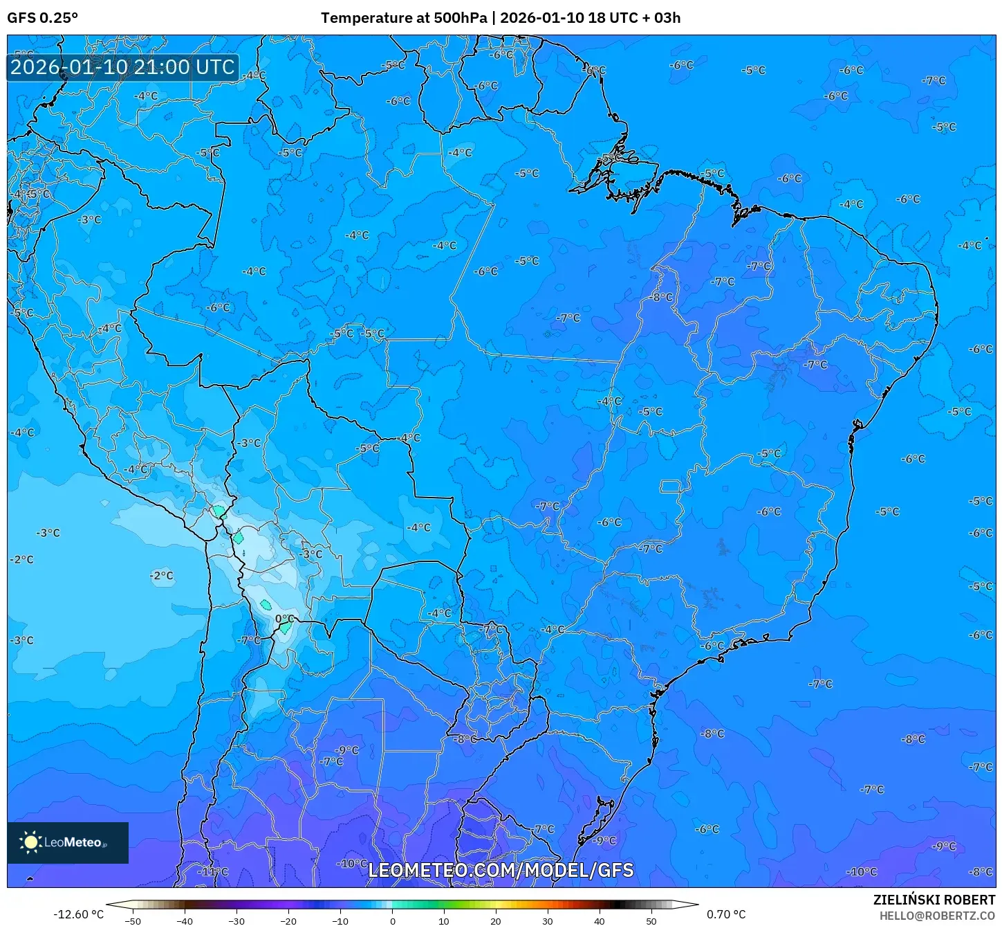 GFS model - Brazil, Temperature at 500hPa