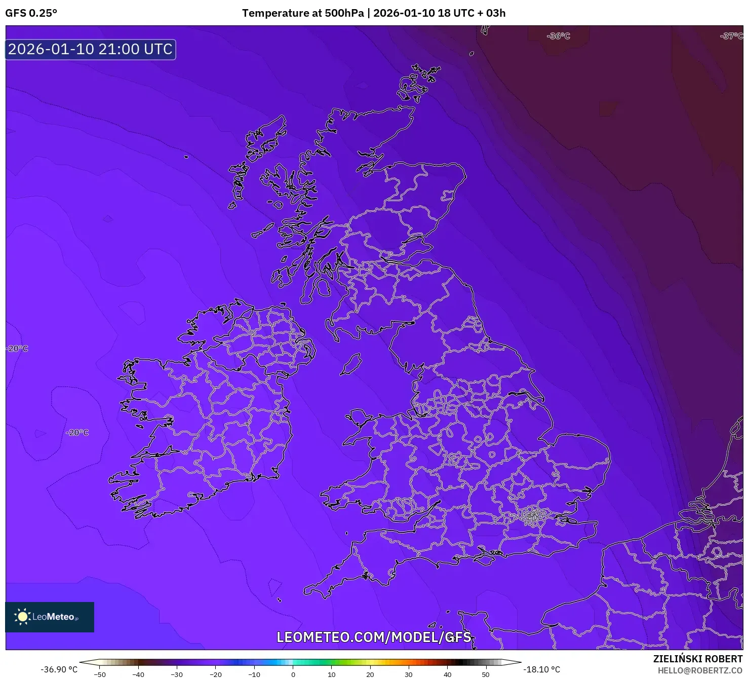 GFS model - United Kingdom, Temperature at 500hPa