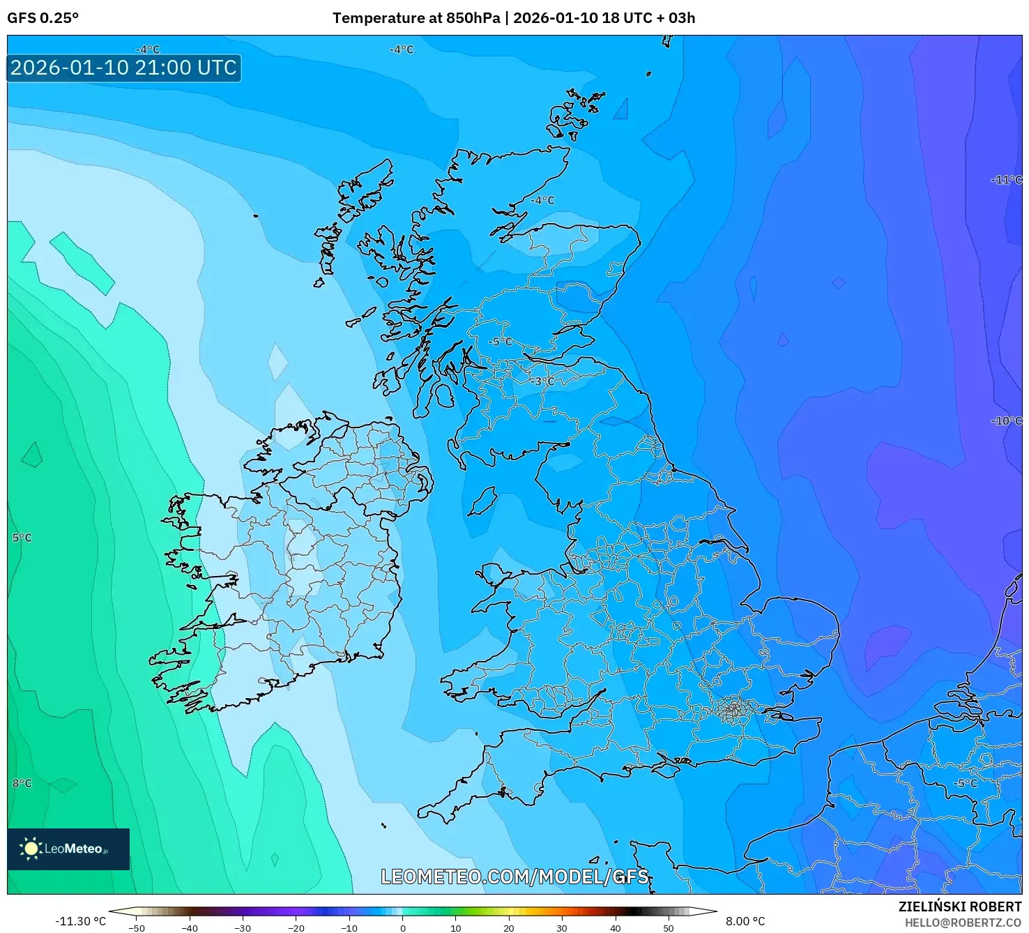 GFS model - United Kingdom, Temperature at 850hPa