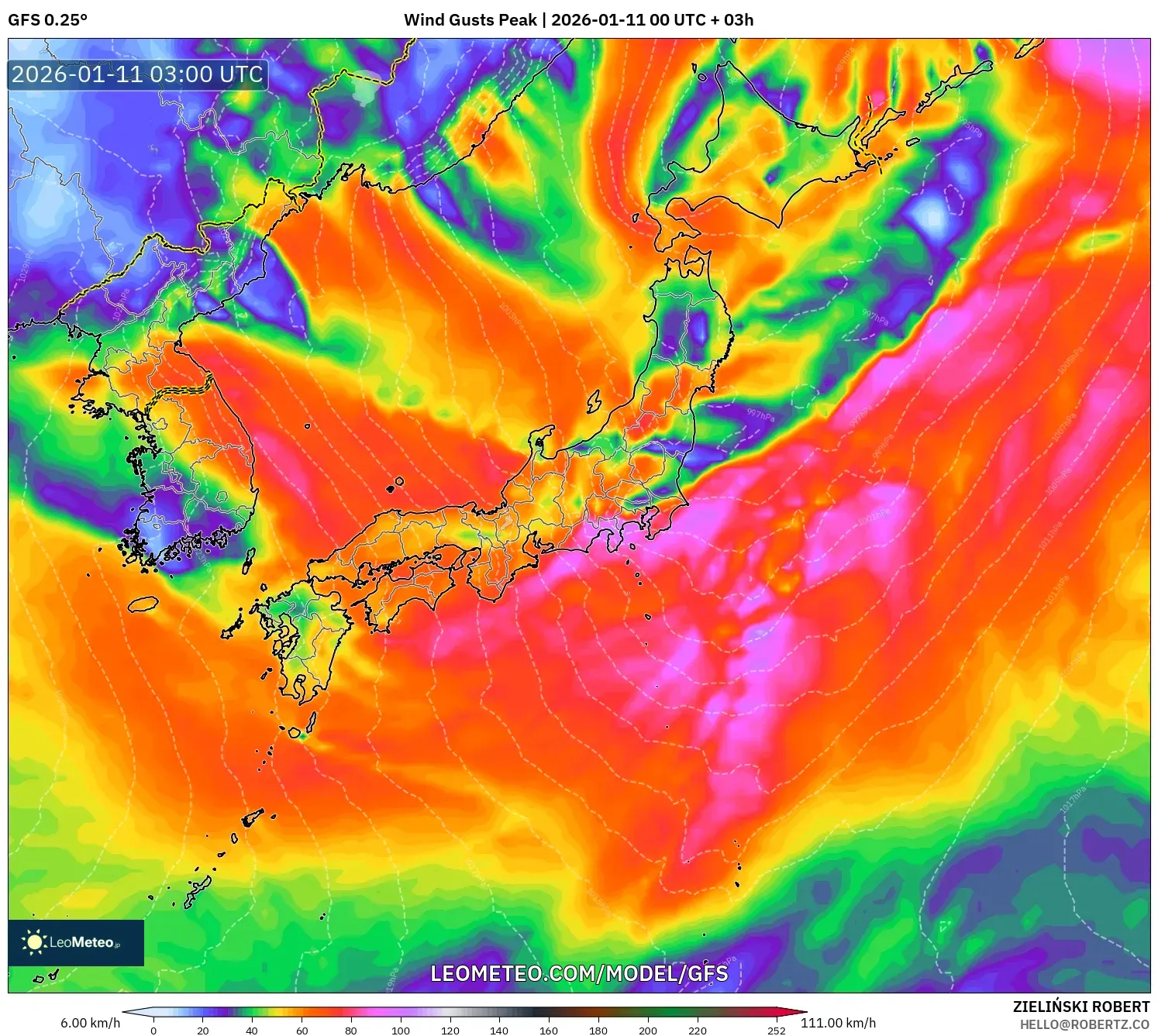GFS model - Japan, Wind Gusts Peak