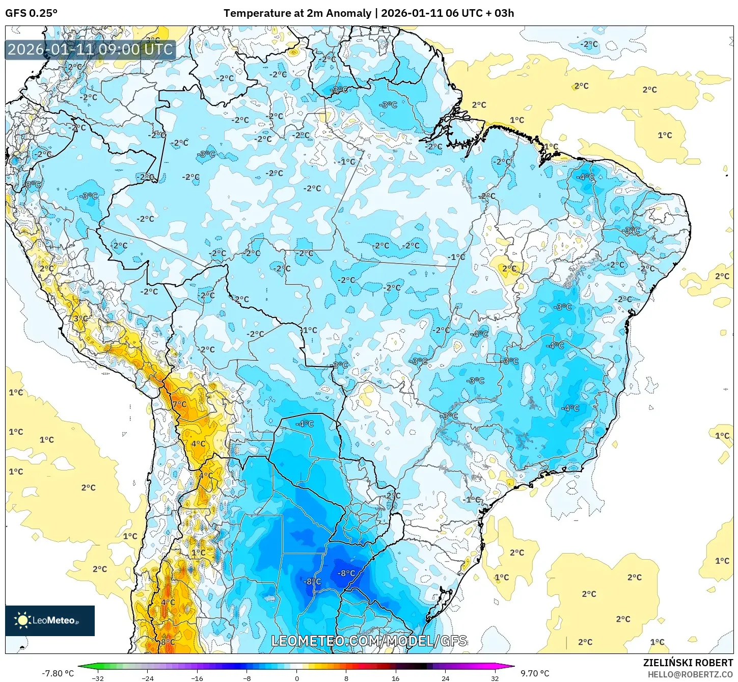 GFS model - Brazil, Temperature at 2m Anomaly