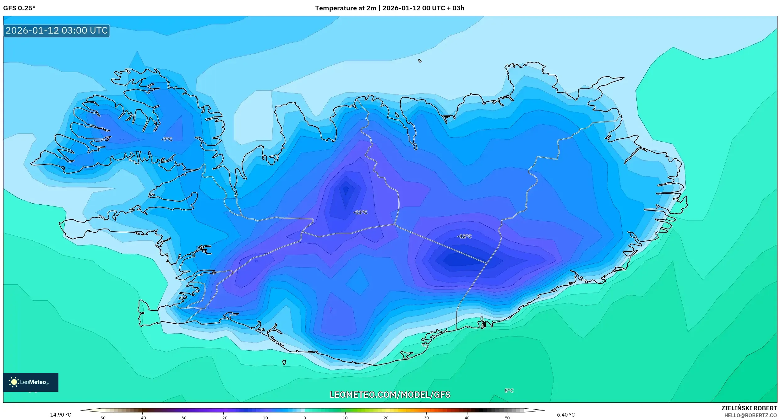 GFS model - Iceland, Temperature at 2m