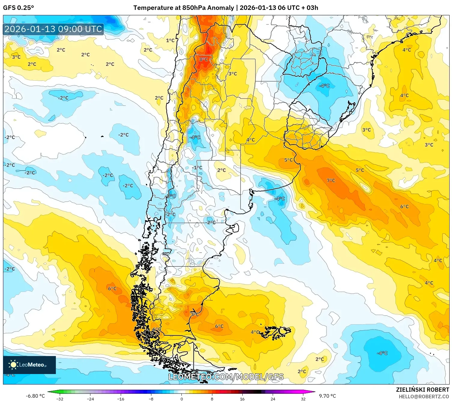 GFS model - Argentina, Temperature at 850hPa Anomaly