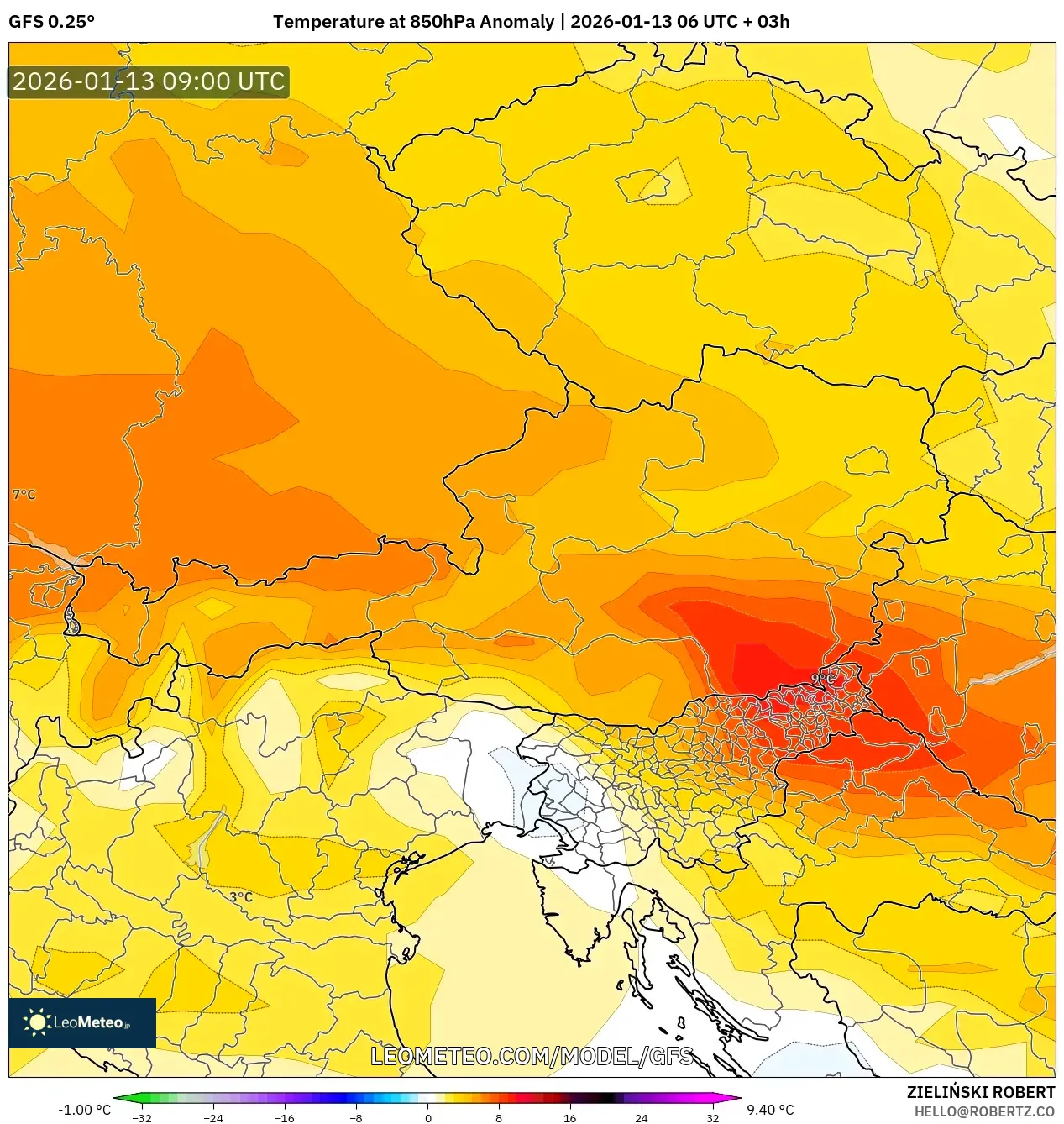GFS model - Austria, Temperature at 850hPa Anomaly