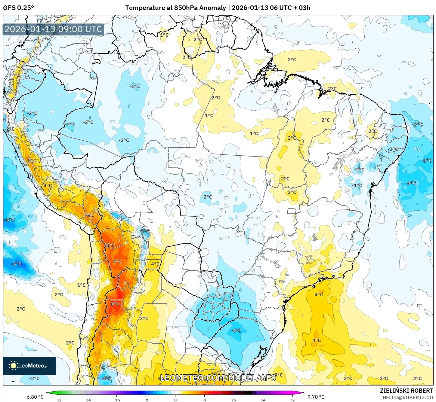 GFS model - Brazil, Temperature at 850hPa Anomaly