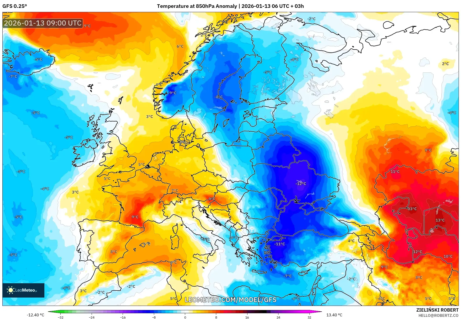 GFS model - Europe, Temperature at 850hPa Anomaly