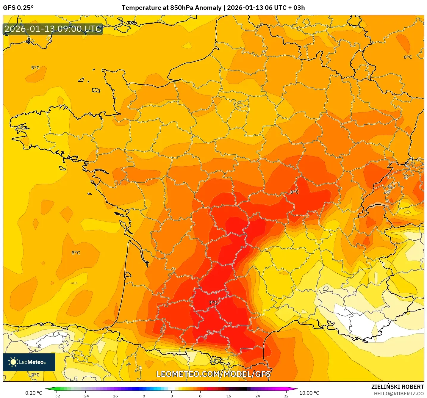 GFS model - France, Temperature at 850hPa Anomaly