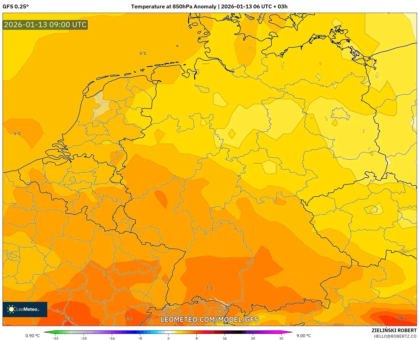 GFS model - Germany, Temperature at 850hPa Anomaly