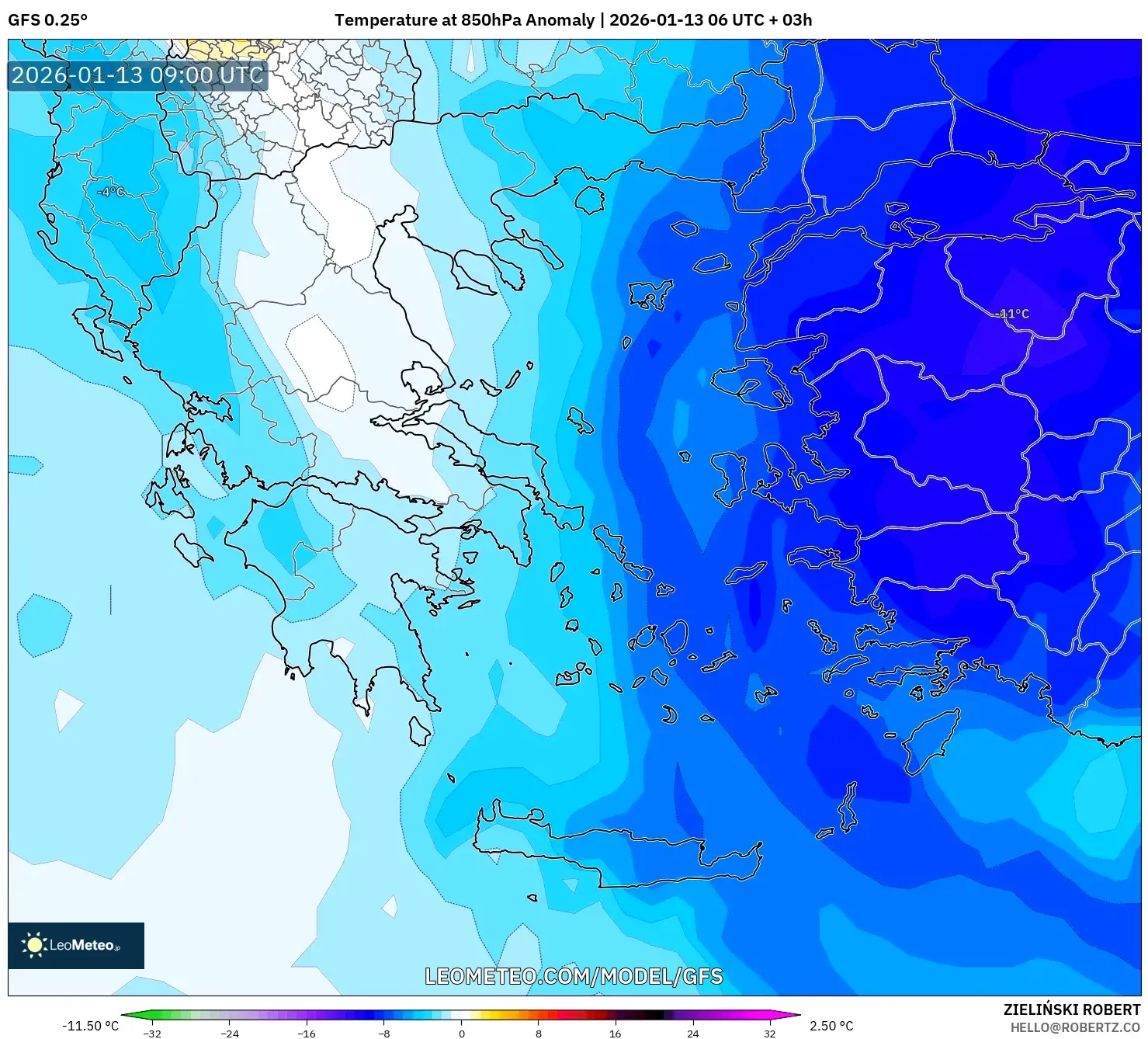 GFS model - Greece, Temperature at 850hPa Anomaly