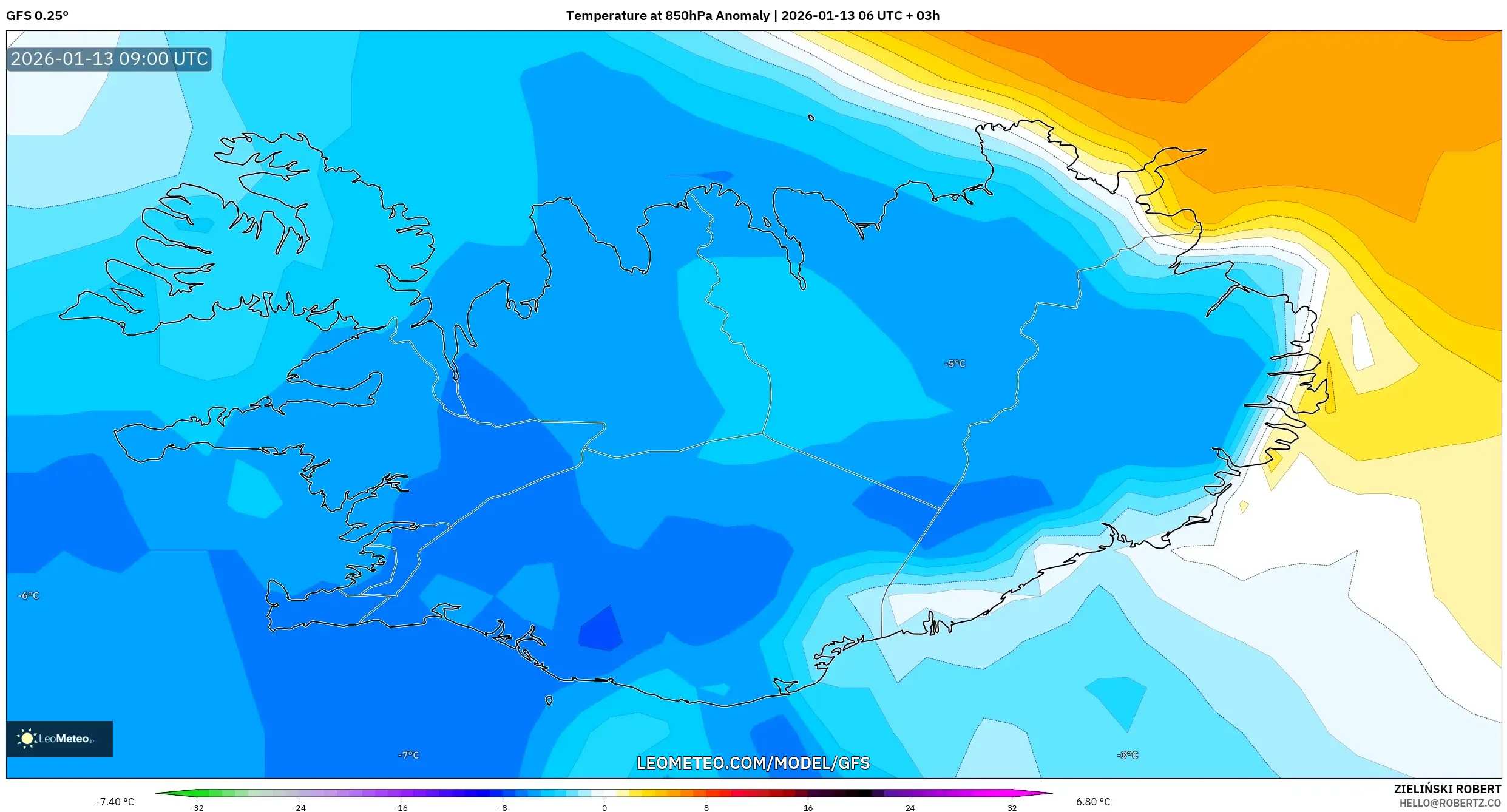 GFS model - Iceland, Temperature at 850hPa Anomaly