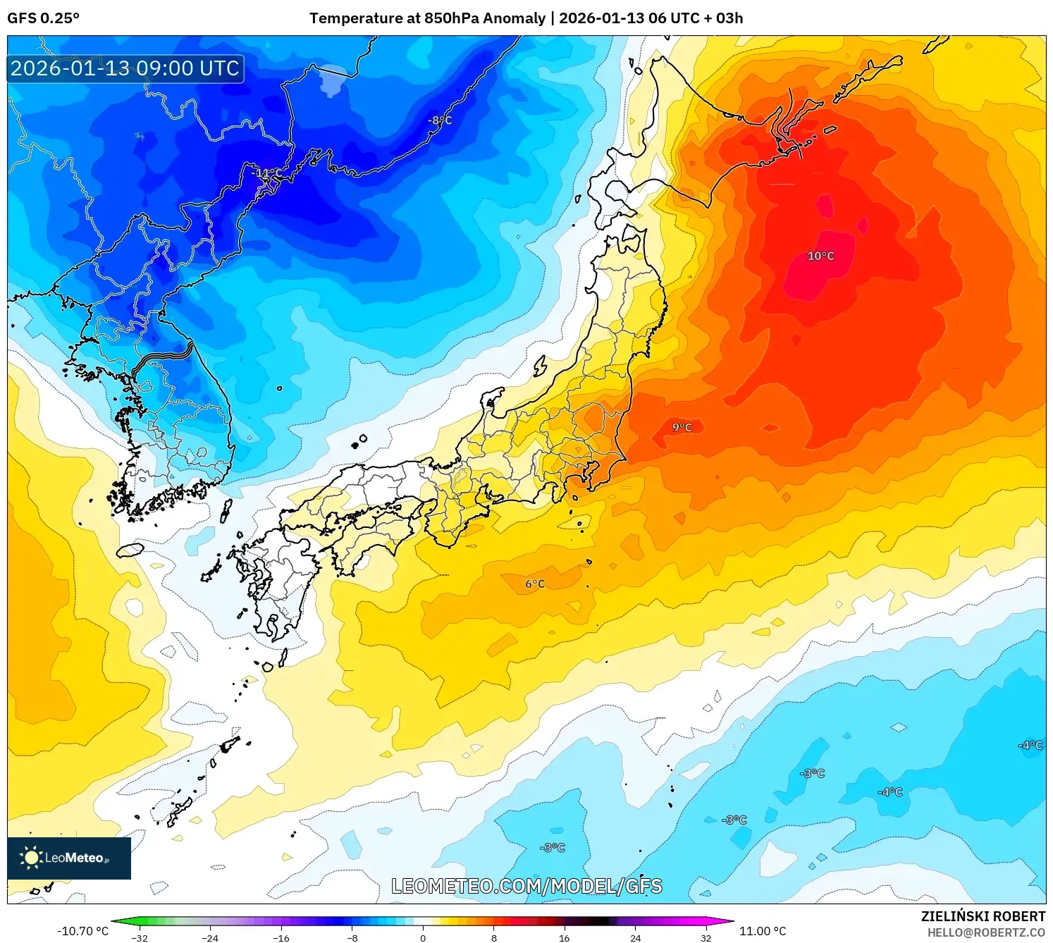 GFS model - Japan, Temperature at 850hPa Anomaly