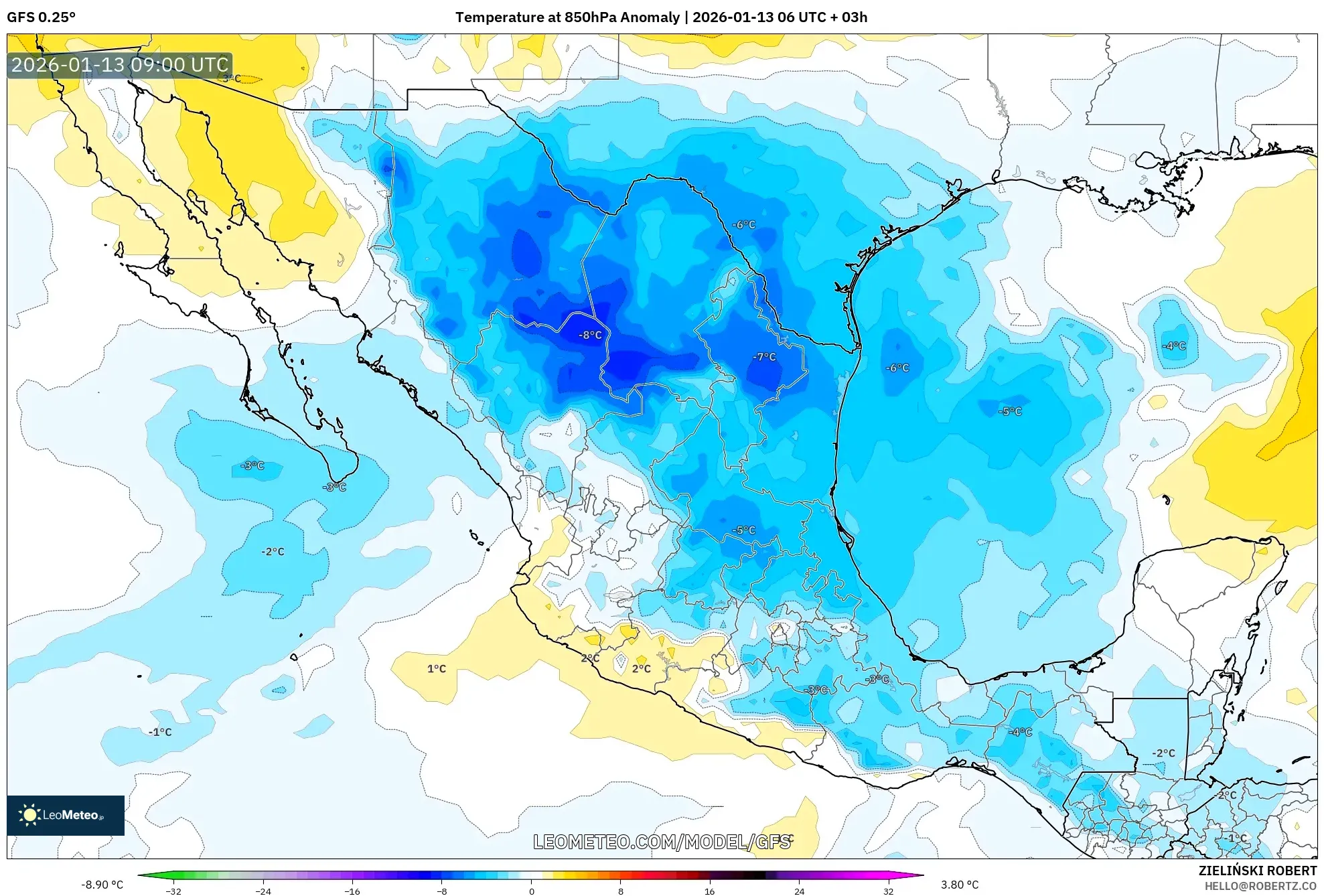 GFS model - Mexico, Temperature at 850hPa Anomaly