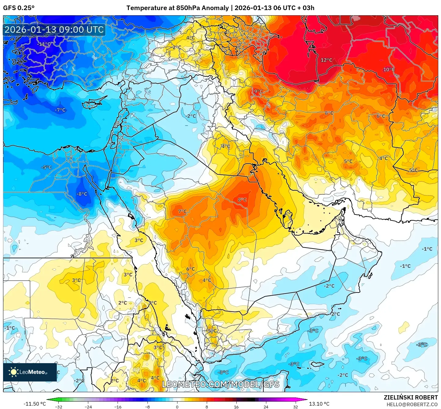GFS model - Middle East, Temperature at 850hPa Anomaly
